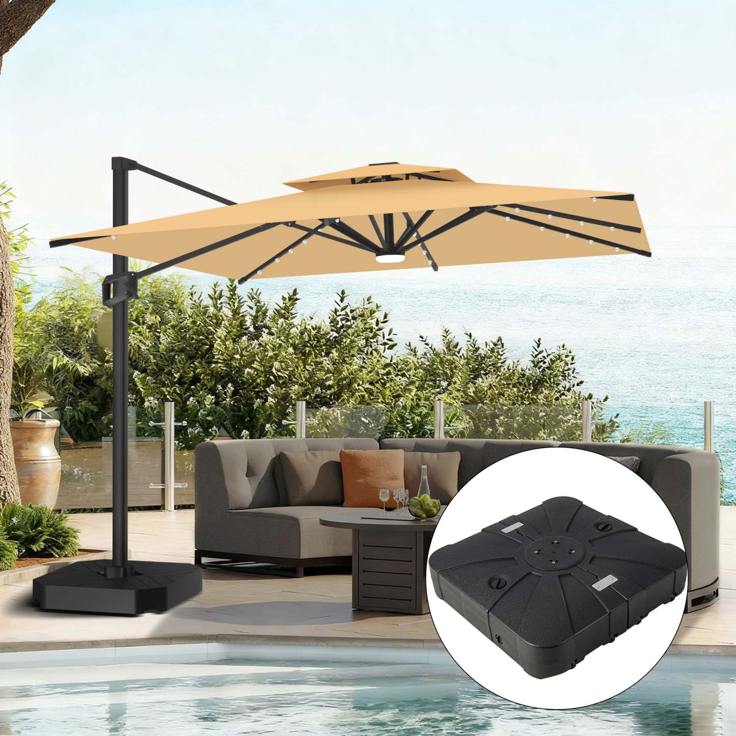Patioslife Aegis Pro | Parasol Lateral Excéntrico 3x3m con LED Solar — Estructura de Aluminio Termolacado, Sombrilla Inclinable y Giratoria 360°
