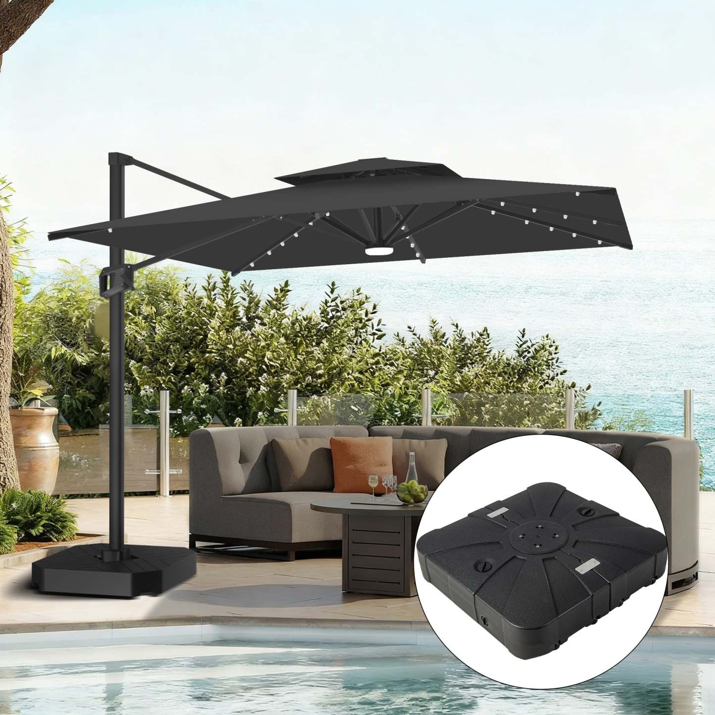 Patioslife Aegis Pro | Parasol Lateral Excéntrico 3x3m con LED Solar — Estructura de Aluminio Termolacado, Sombrilla Inclinable y Giratoria 360°