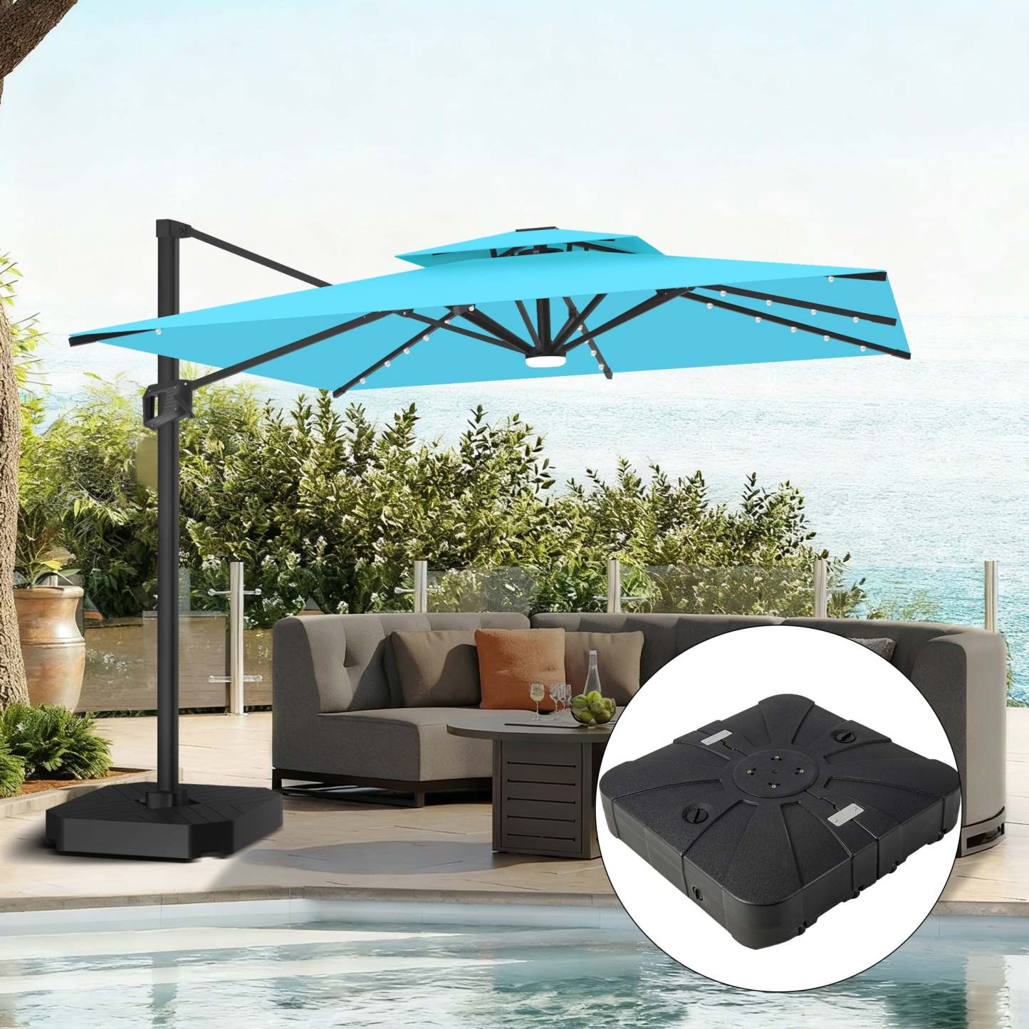 Patioslife Aegis Pro | Parasol Lateral Excéntrico 3x3m con LED Solar — Estructura de Aluminio Termolacado, Sombrilla Inclinable y Giratoria 360°