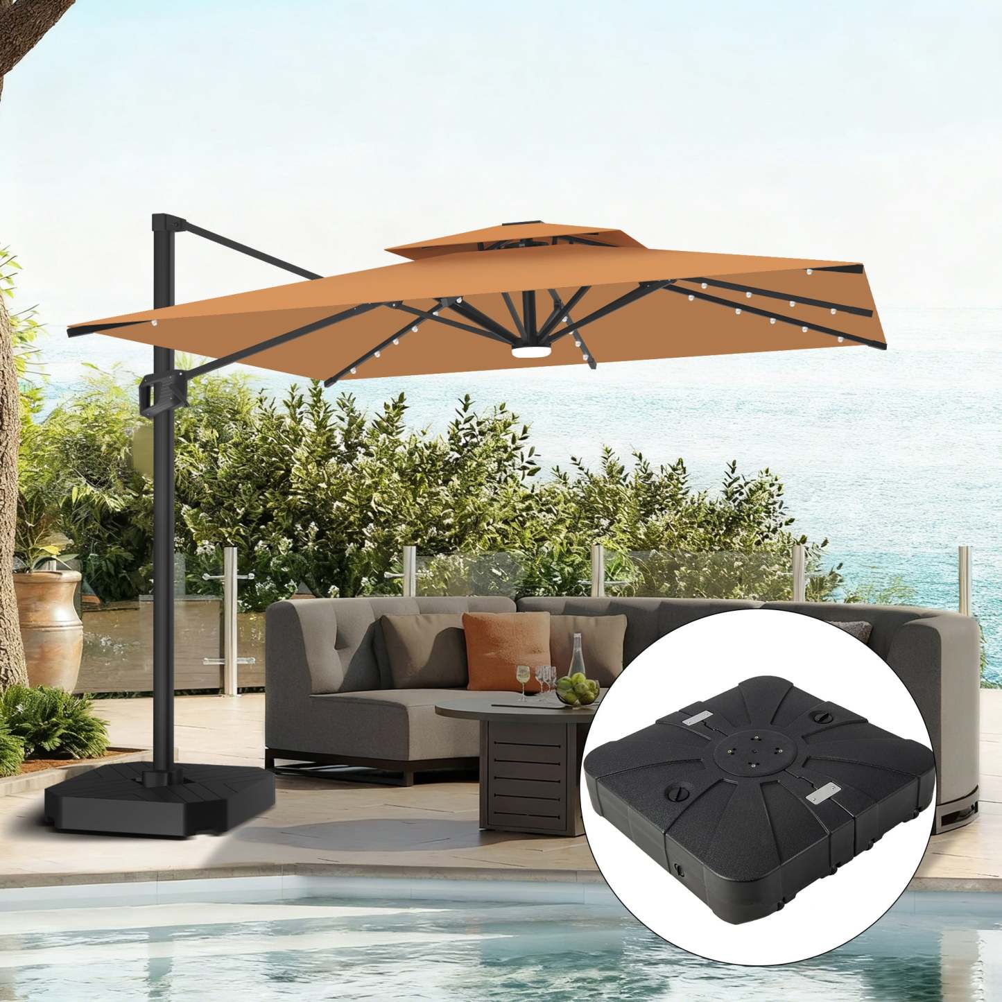 Patioslife Aegis Pro | Parasol Lateral Excéntrico 3x3m con LED Solar — Estructura de Aluminio Termolacado, Sombrilla Inclinable y Giratoria 360°