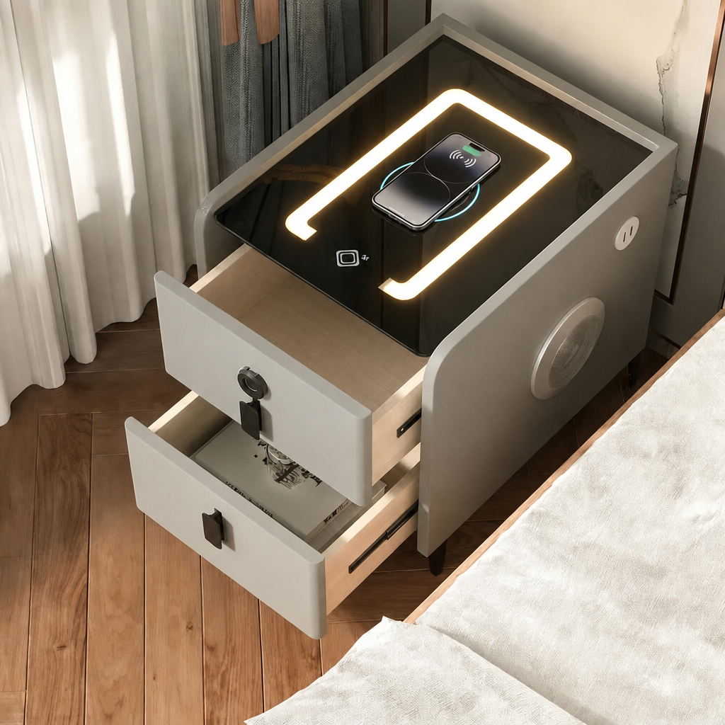 🔥Clearance Sale🔥Premium multi-functional smart bedside table with USB/wireless charging/tri-color lights/Bluetooth speaker/Fingerprint Unlocking