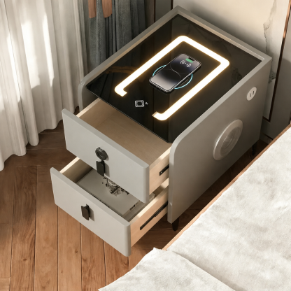 🔥Clearance Sale🔥Premium multi-functional smart bedside table with USB/wireless charging/tri-color lights/Bluetooth speaker/Fingerprint Unlocking