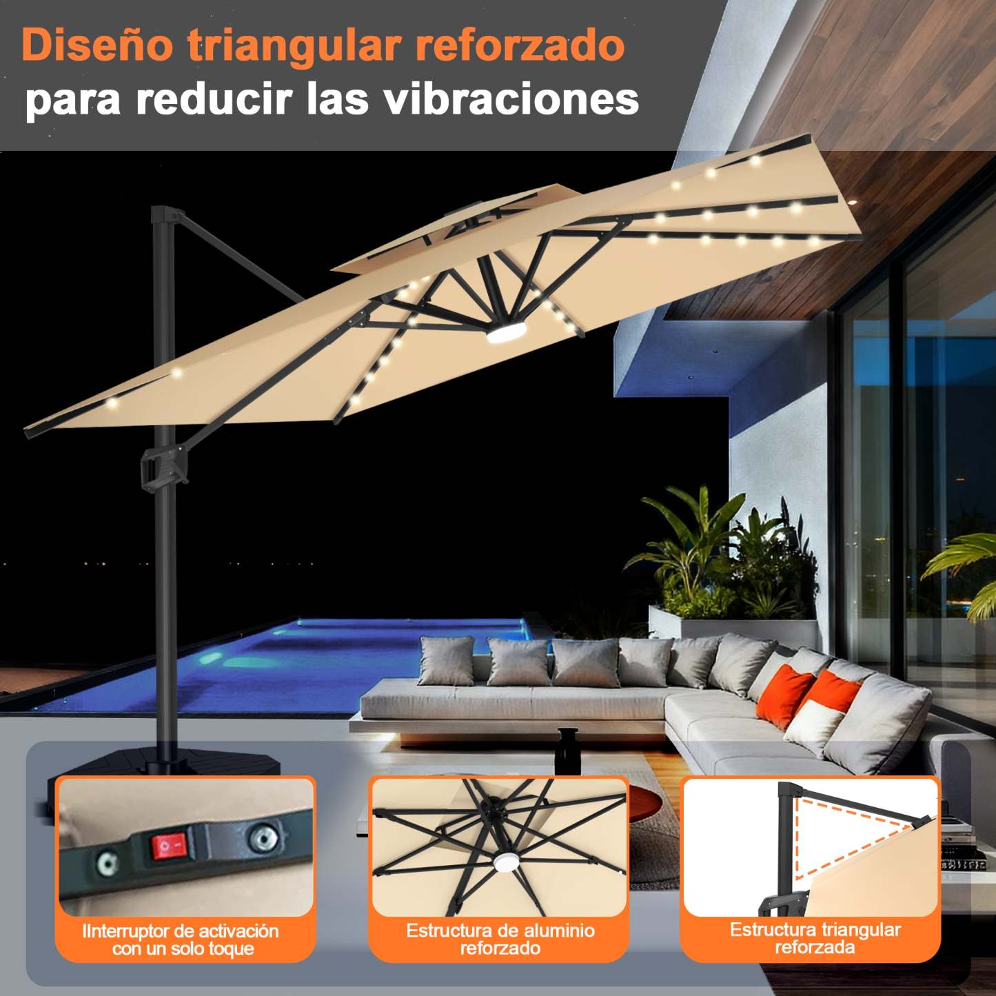 Patioslife Aegis Pro | Parasol Lateral Excéntrico 3x3m con LED Solar — Estructura de Aluminio Termolacado, Sombrilla Inclinable y Giratoria 360°