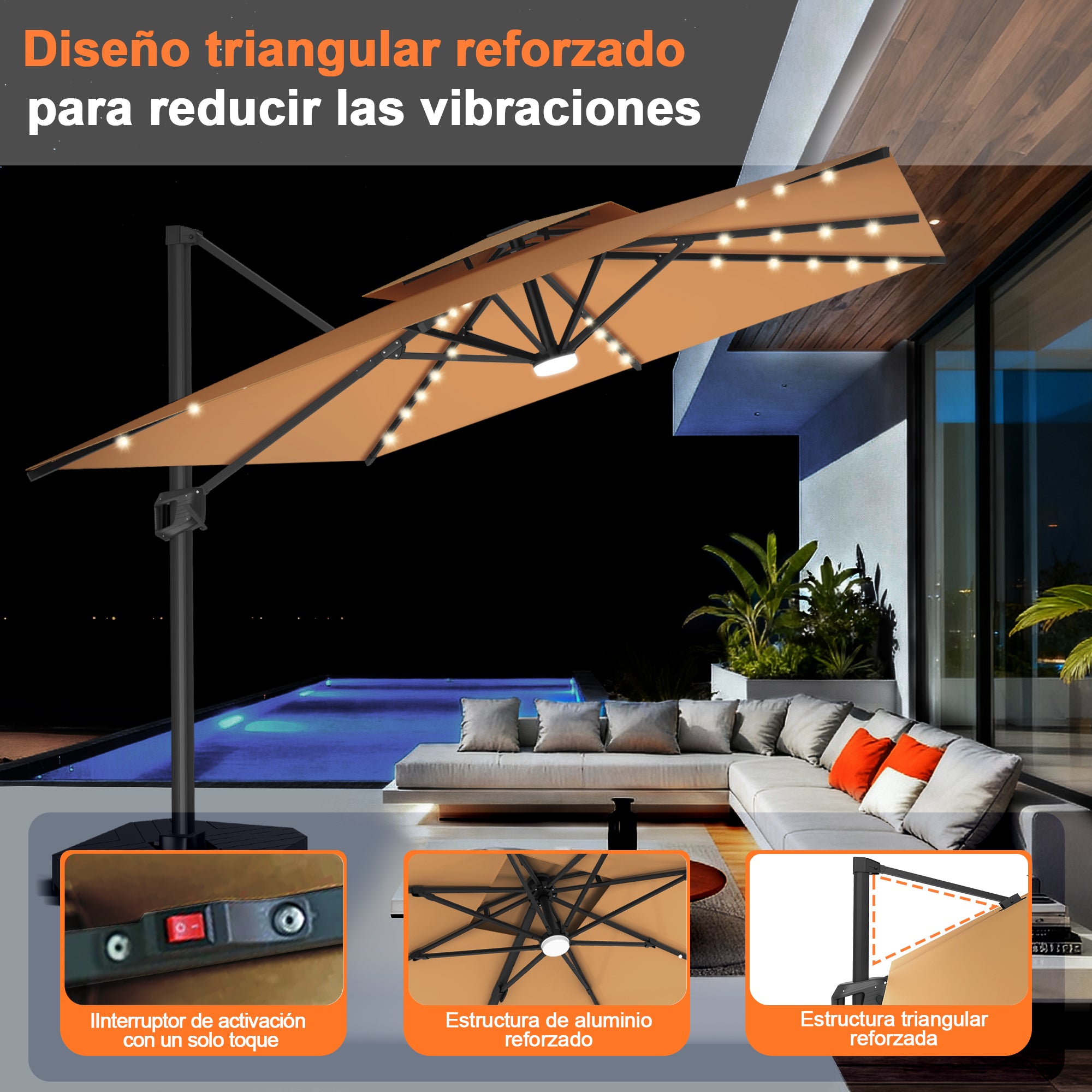 Patioslife Aegis Pro | Parasol Lateral Excéntrico 3x3m con LED Solar — Estructura de Aluminio Termolacado, Sombrilla Inclinable y Giratoria 360°