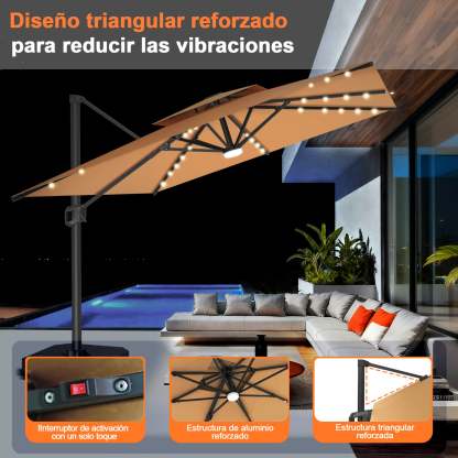 Patioslife Aegis Pro | Parasol Lateral Excéntrico 3x3m con LED Solar — Estructura de Aluminio Termolacado, Sombrilla Inclinable y Giratoria 360°