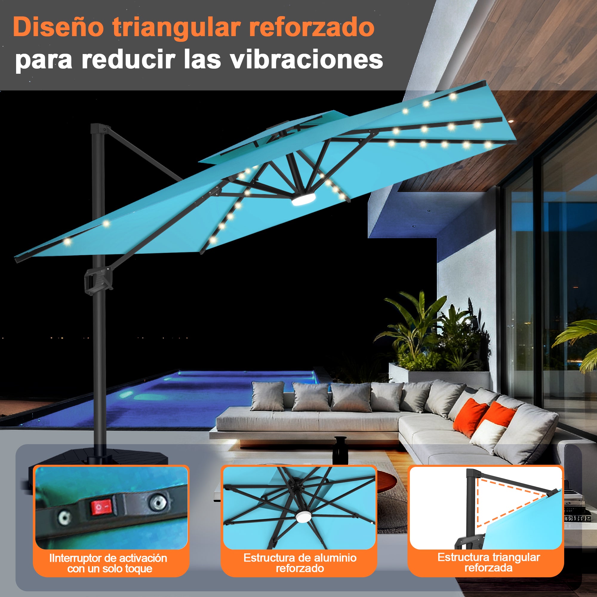 Patioslife Aegis Pro | Parasol Lateral Excéntrico 3x3m con LED Solar — Estructura de Aluminio Termolacado, Sombrilla Inclinable y Giratoria 360°