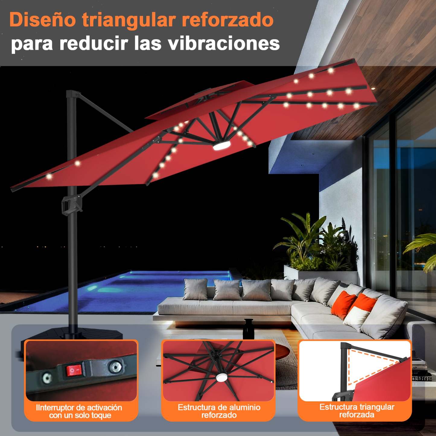 Patioslife Aegis Pro | Parasol Lateral Excéntrico 3x3m con LED Solar — Estructura de Aluminio Termolacado, Sombrilla Inclinable y Giratoria 360°