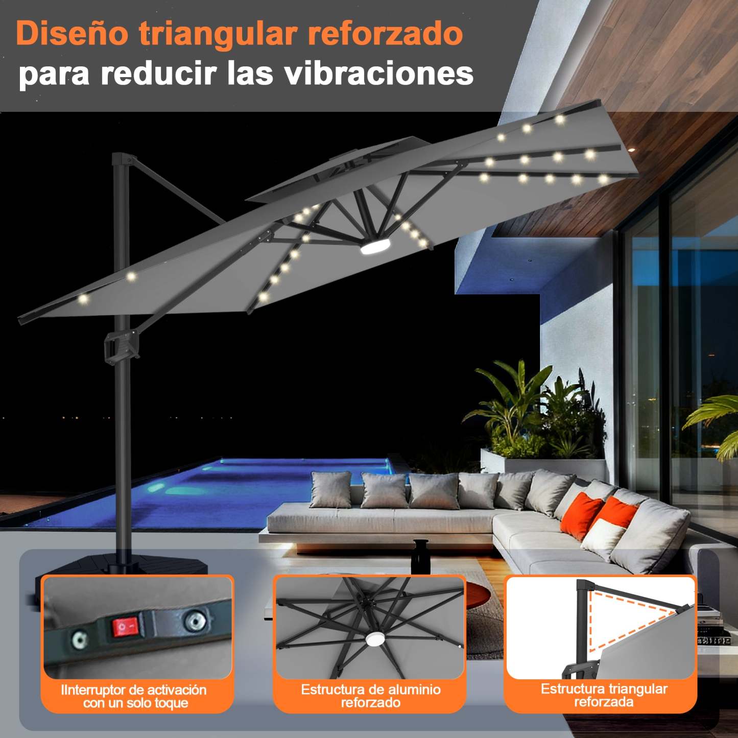 Patioslife Aegis Pro | Parasol Lateral Excéntrico 3x3m con LED Solar — Estructura de Aluminio Termolacado, Sombrilla Inclinable y Giratoria 360°