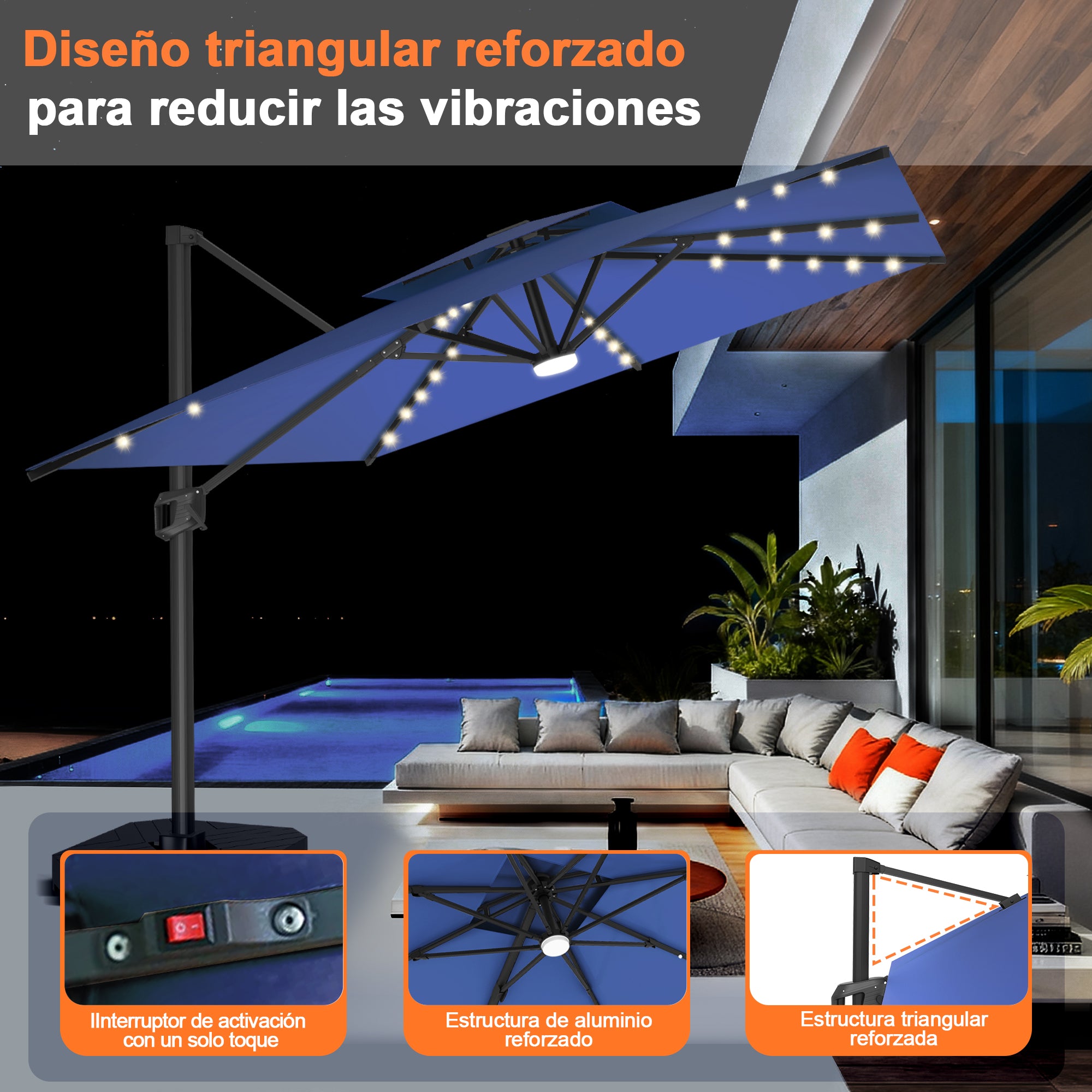 Patioslife Aegis Pro | Parasol Lateral Excéntrico 3x3m con LED Solar — Estructura de Aluminio Termolacado, Sombrilla Inclinable y Giratoria 360°