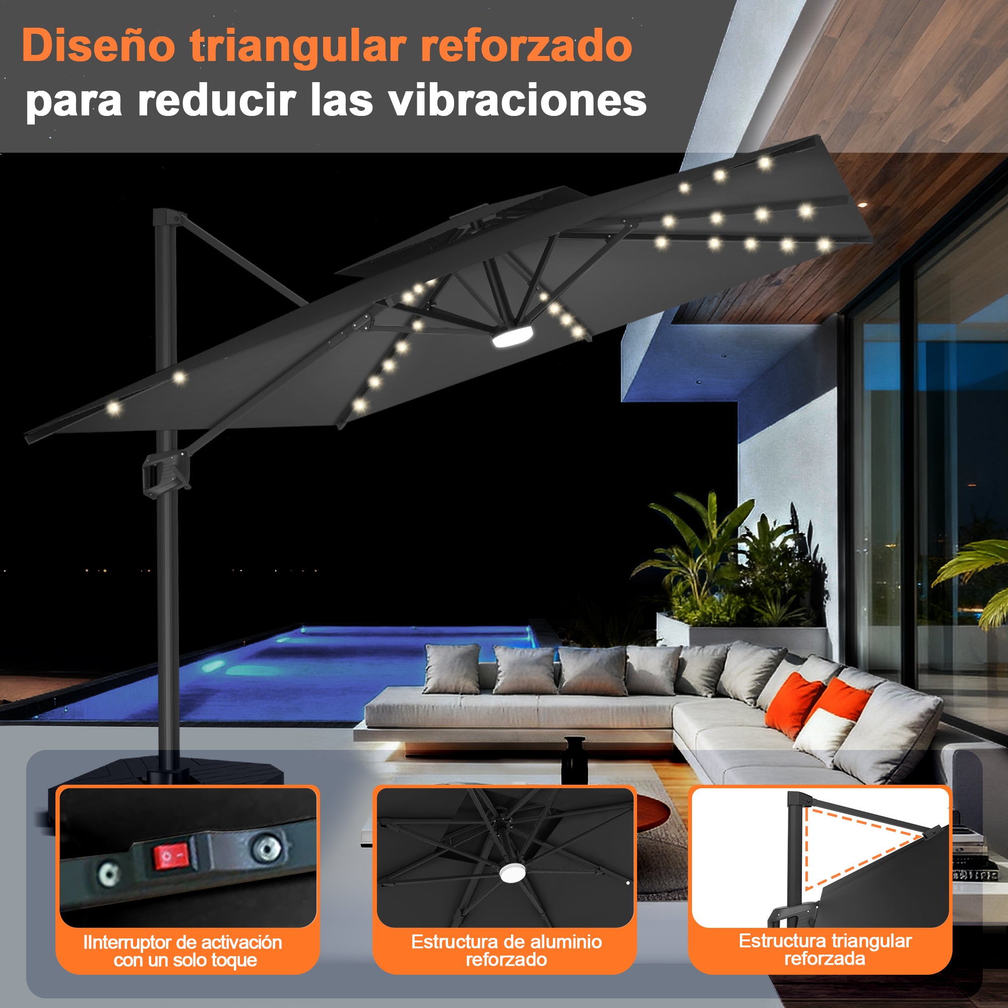 Patioslife Aegis Pro | Parasol Lateral Excéntrico 3x3m con LED Solar — Estructura de Aluminio Termolacado, Sombrilla Inclinable y Giratoria 360°
