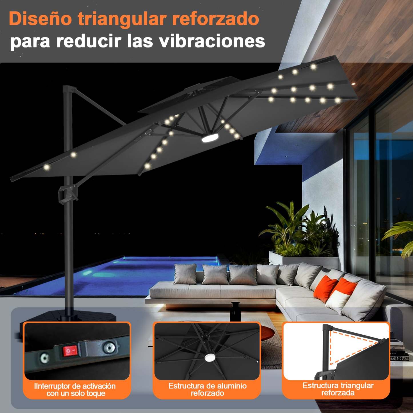 Patioslife Aegis Pro | Parasol Lateral Excéntrico 3x3m con LED Solar — Estructura de Aluminio Termolacado, Sombrilla Inclinable y Giratoria 360°