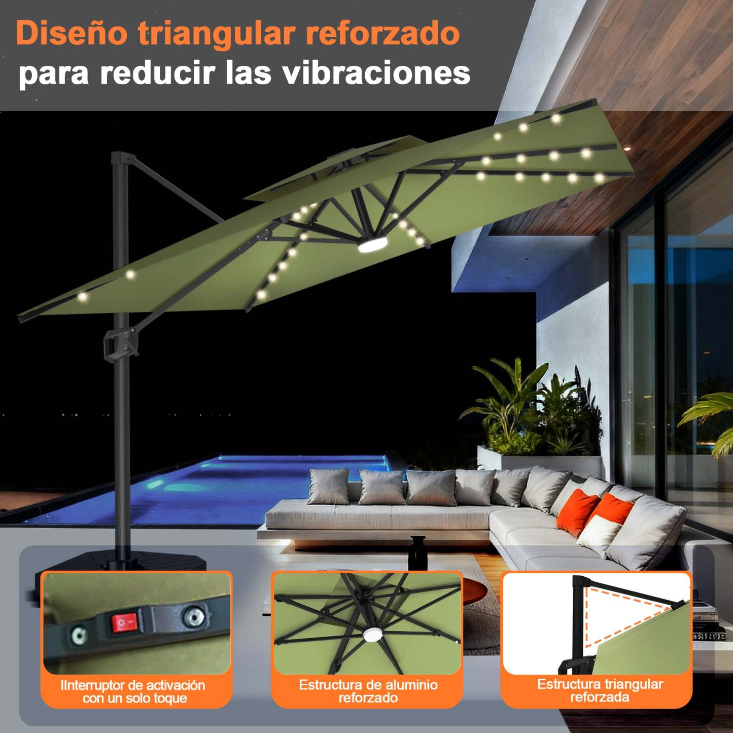 Patioslife Aegis Pro | Parasol Lateral Excéntrico 3x3m con LED Solar — Estructura de Aluminio Termolacado, Sombrilla Inclinable y Giratoria 360°