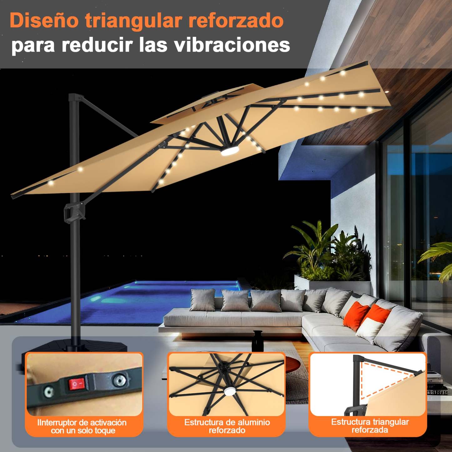 Patioslife Aegis Pro | Parasol Lateral Excéntrico 3x3m con LED Solar — Estructura de Aluminio Termolacado, Sombrilla Inclinable y Giratoria 360°