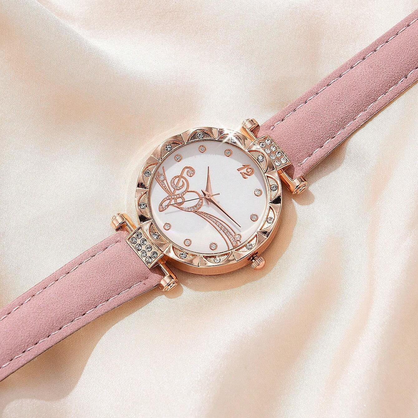 6pcs/Set Women's Leather Strap Quartz Watch, Butterfly & Star Necklace & Bracelet, Ring, And Earrings
