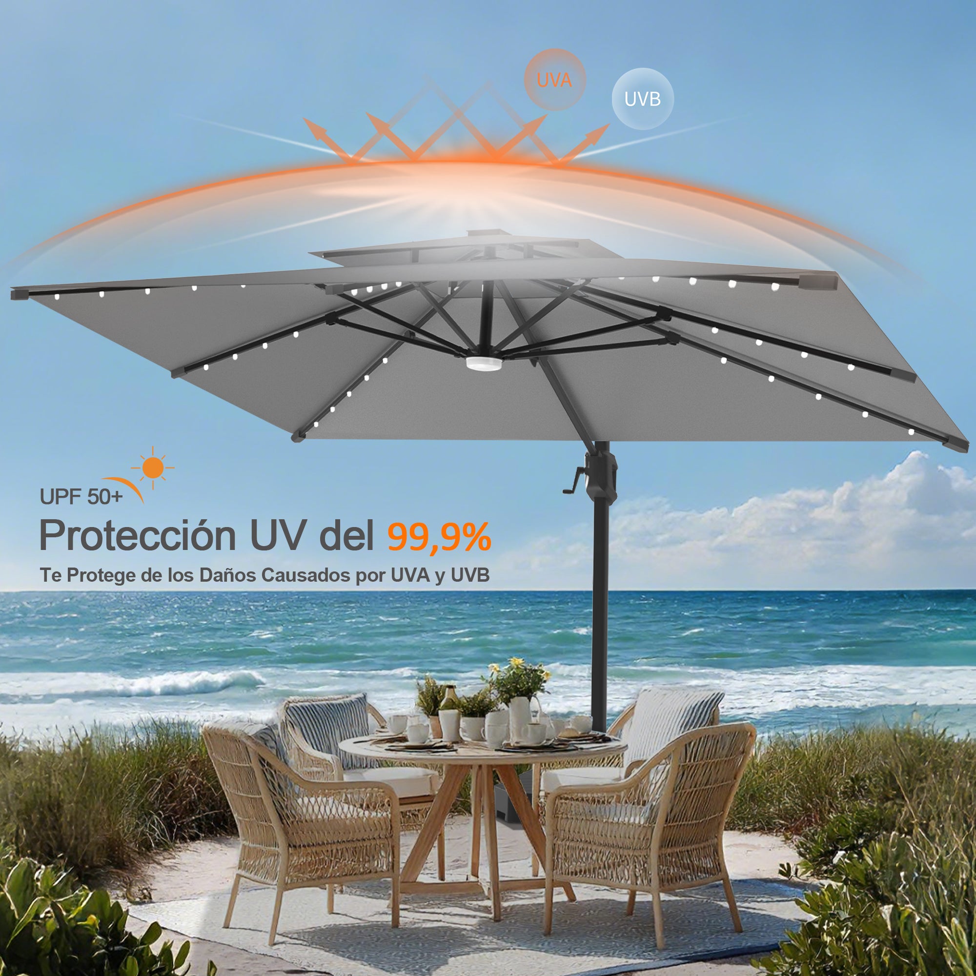 Patioslife Aegis Pro | Parasol Lateral Excéntrico 3x3m con LED Solar — Estructura de Aluminio Termolacado, Sombrilla Inclinable y Giratoria 360°