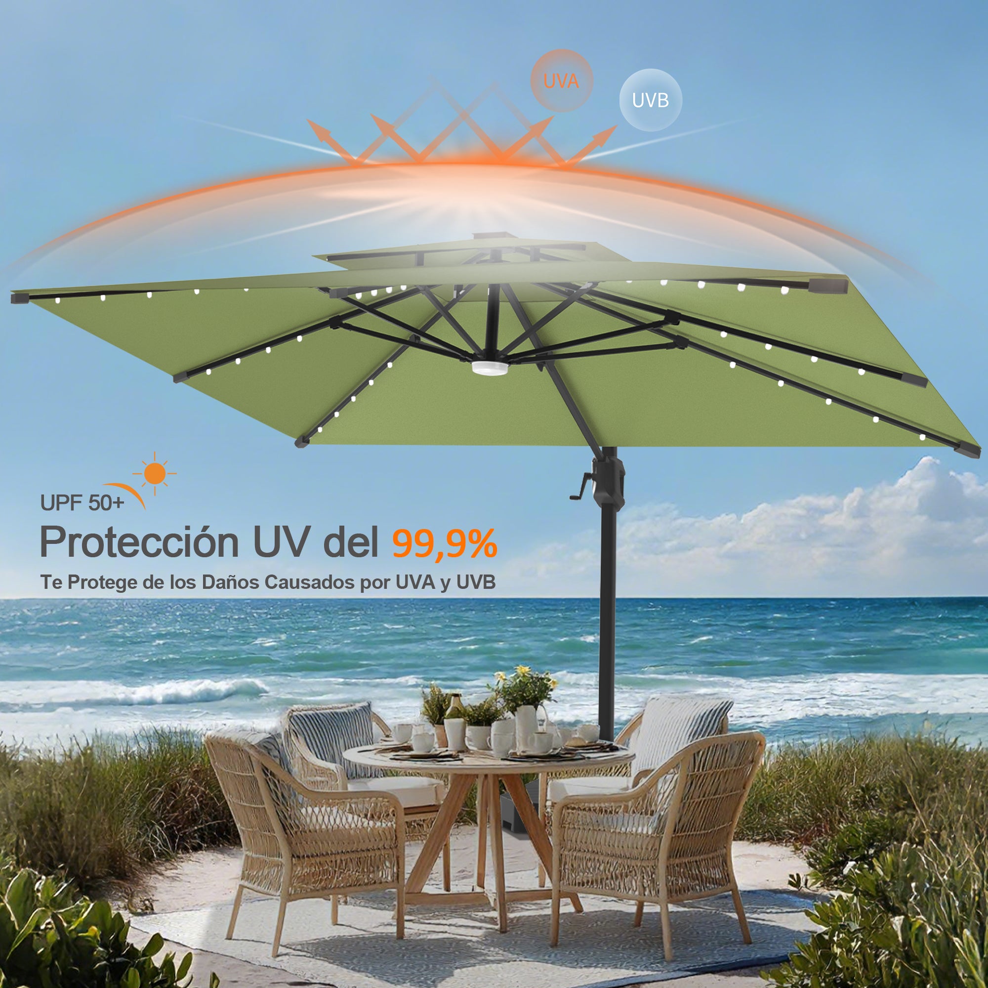 Patioslife Aegis Pro | Parasol Lateral Excéntrico 3x3m con LED Solar — Estructura de Aluminio Termolacado, Sombrilla Inclinable y Giratoria 360°
