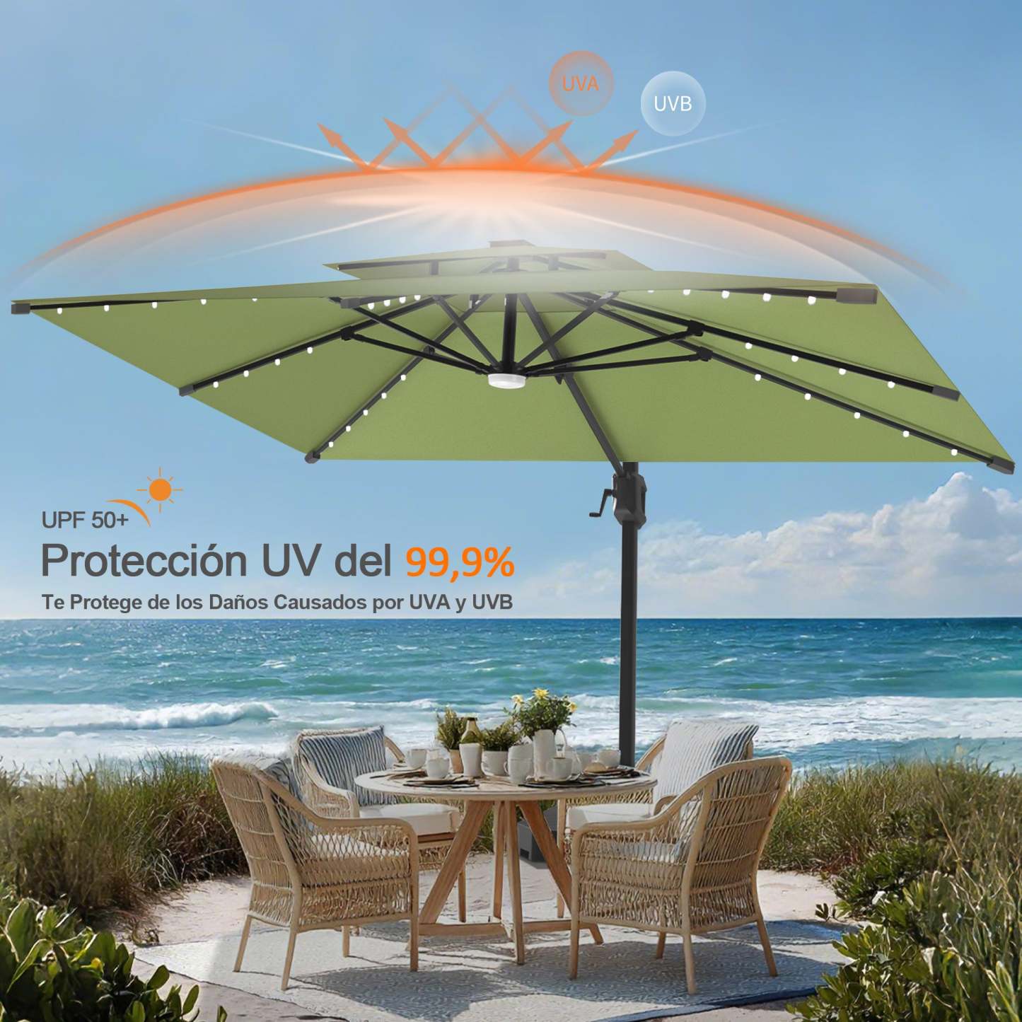 Patioslife Aegis Pro | Parasol Lateral Excéntrico 3x3m con LED Solar — Estructura de Aluminio Termolacado, Sombrilla Inclinable y Giratoria 360°