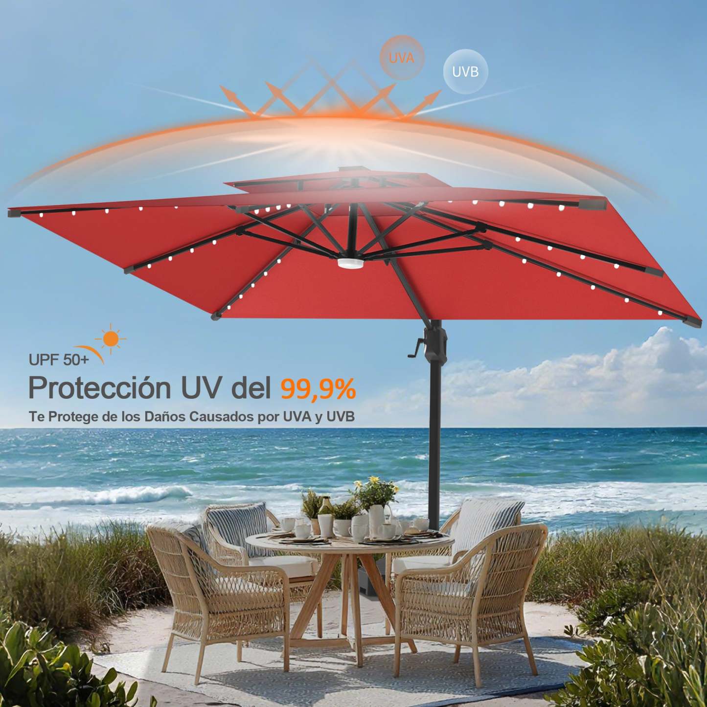 Patioslife Aegis Pro | Parasol Lateral Excéntrico 3x3m con LED Solar — Estructura de Aluminio Termolacado, Sombrilla Inclinable y Giratoria 360°