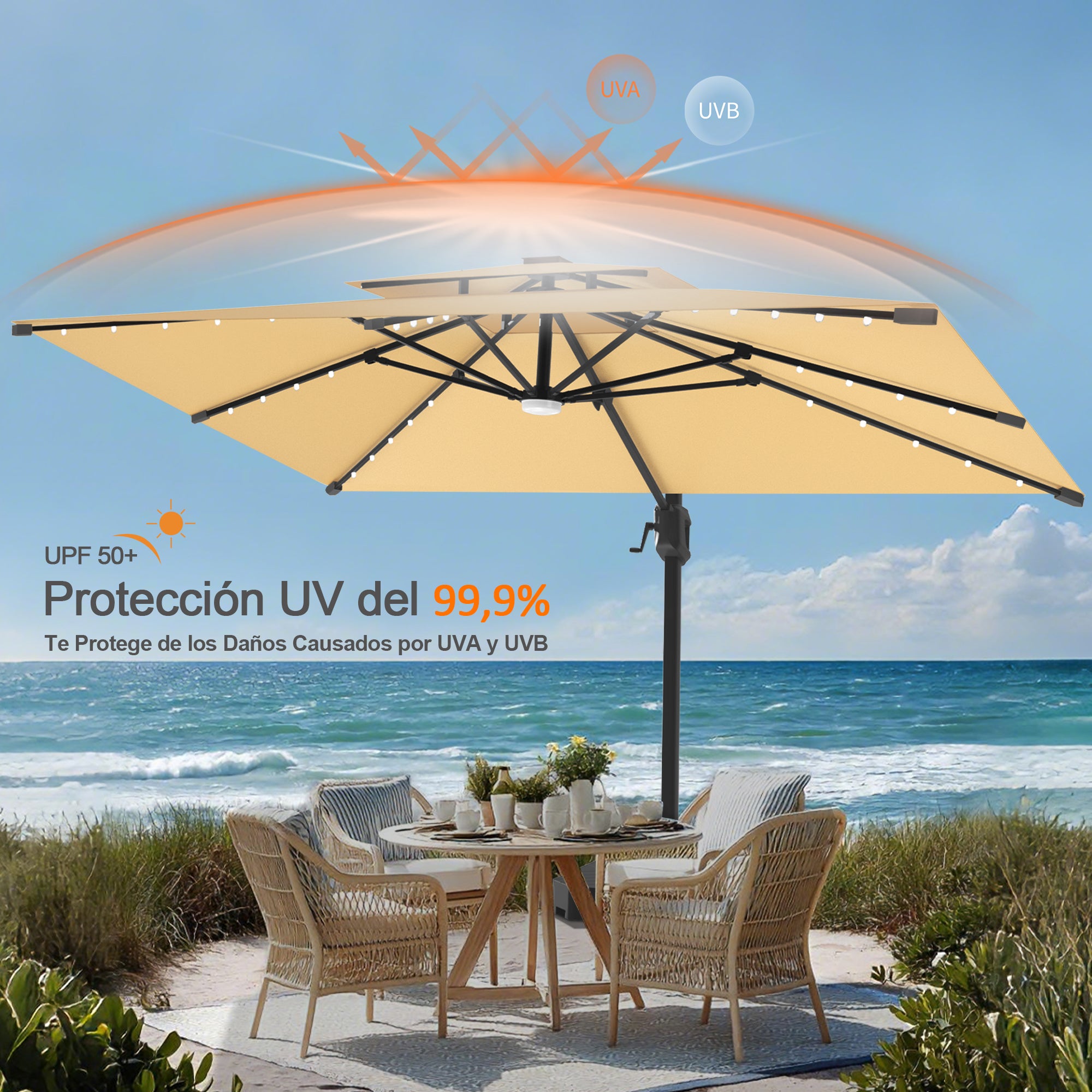Patioslife Aegis Pro | Parasol Lateral Excéntrico 3x3m con LED Solar — Estructura de Aluminio Termolacado, Sombrilla Inclinable y Giratoria 360°