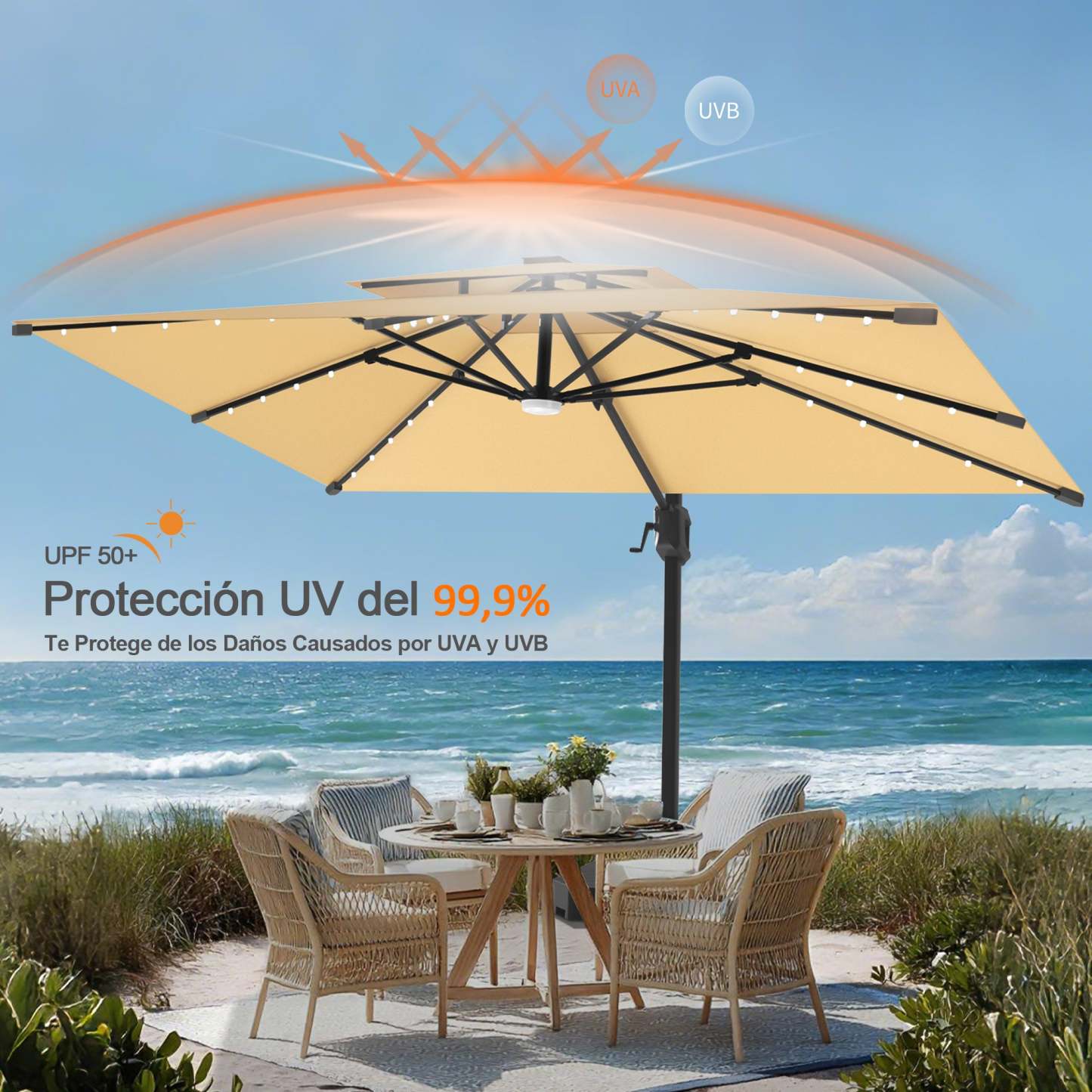 Patioslife Aegis Pro | Parasol Lateral Excéntrico 3x3m con LED Solar — Estructura de Aluminio Termolacado, Sombrilla Inclinable y Giratoria 360°