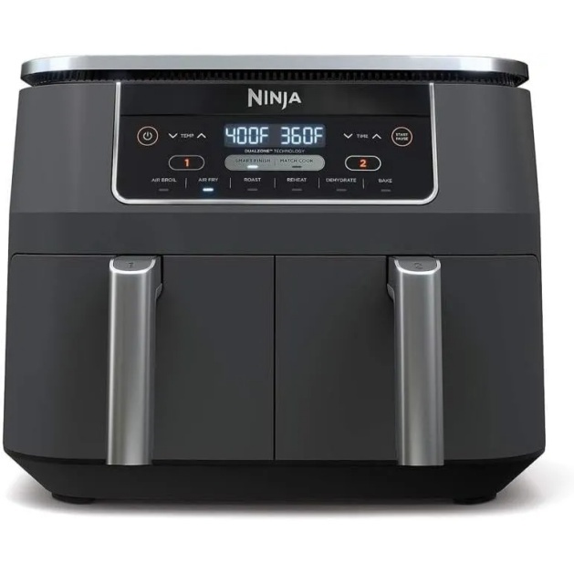 Ninja DZ201 Foodi 8 Quart 6-in-1 DualZone 2-Basket Air Fryer with 2 Independent Frying Baskets, Match Cook & Smart Finish to Roast, Broil, Dehydrate & More for Quick, Easy Meals, Grey