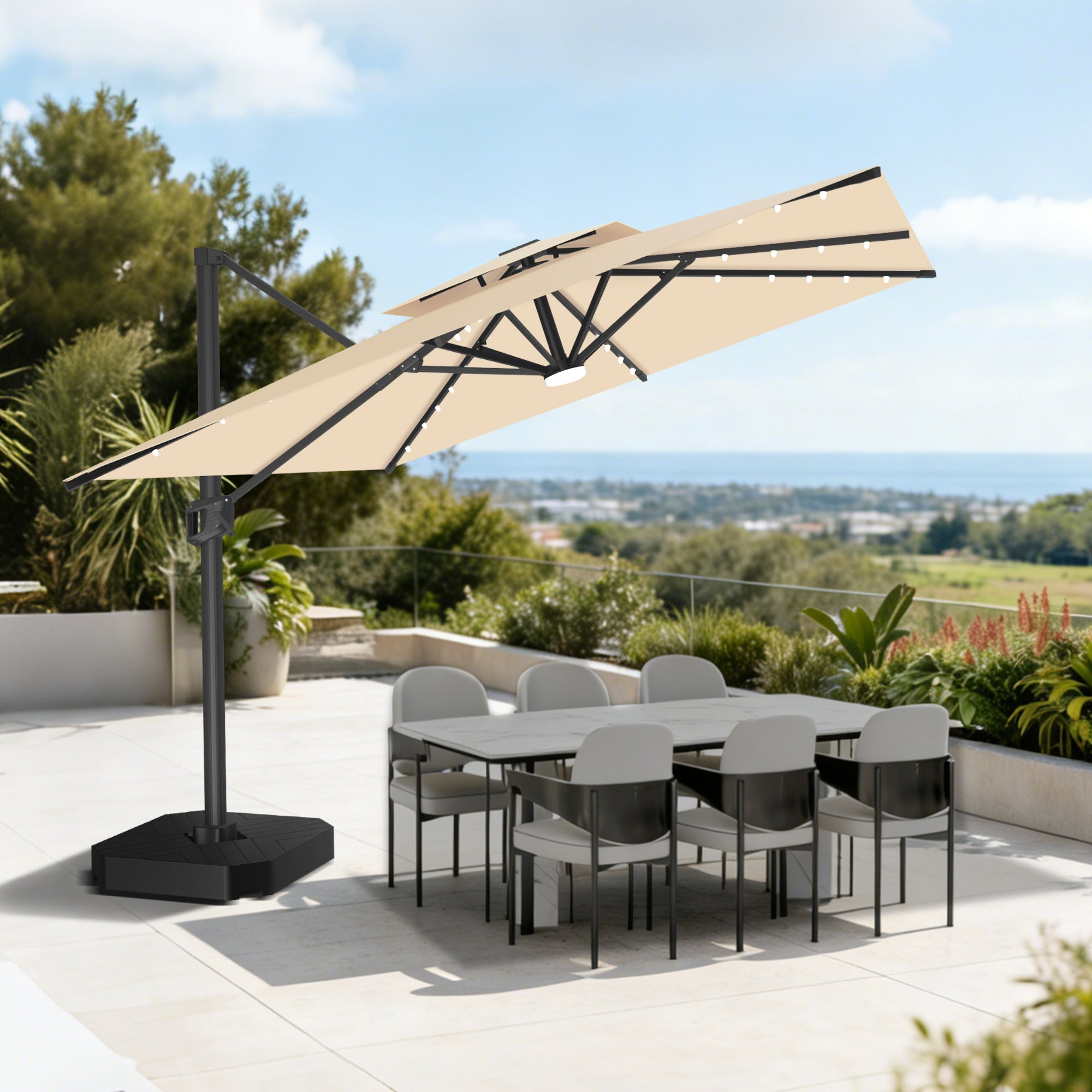 Patioslife Aegis Pro | Parasol Lateral Excéntrico 3x3m con LED Solar — Estructura de Aluminio Termolacado, Sombrilla Inclinable y Giratoria 360°