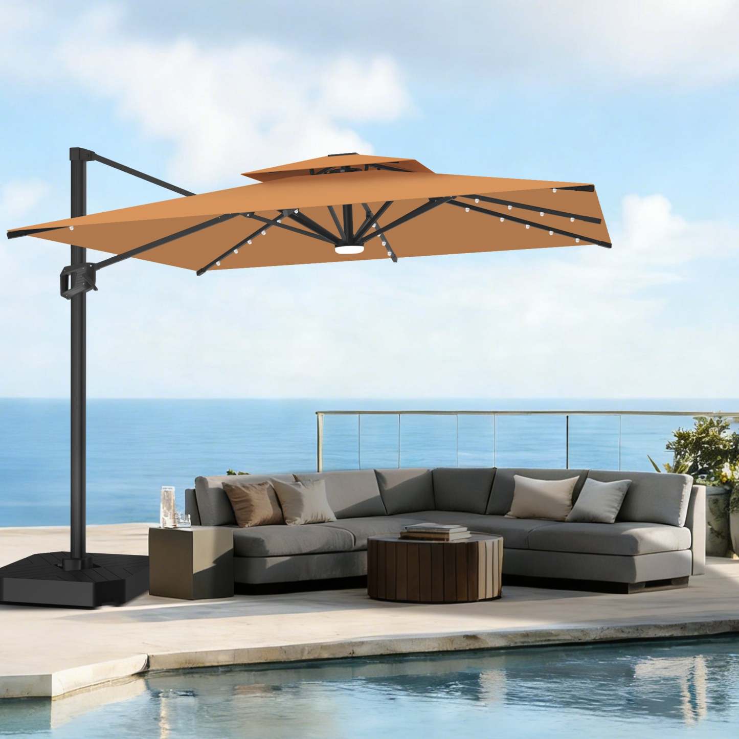 Patioslife Aegis Pro | Parasol Lateral Excéntrico 3x3m con LED Solar — Estructura de Aluminio Termolacado, Sombrilla Inclinable y Giratoria 360°