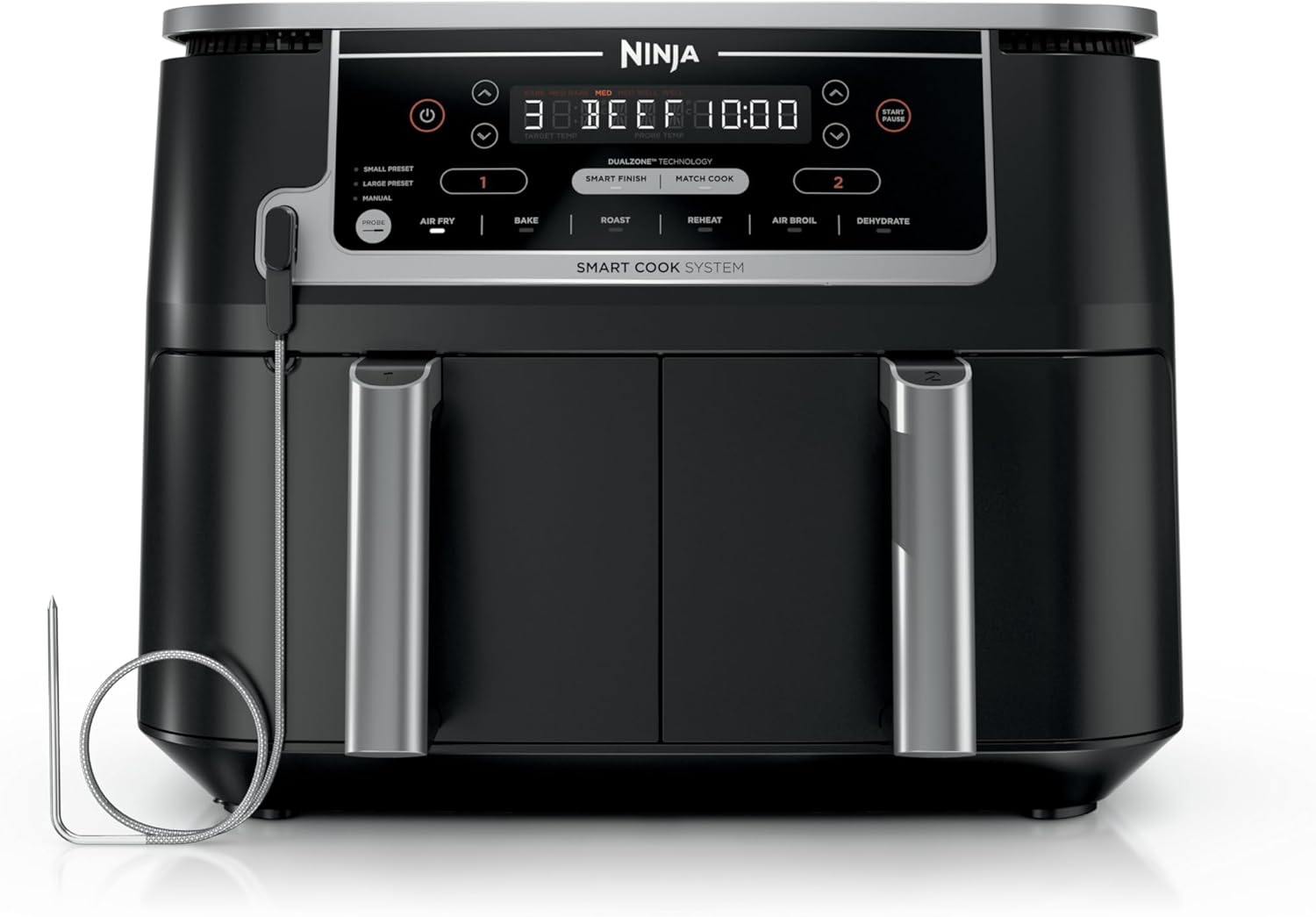 Ninja DZ201 Foodi 8 Quart 6-in-1 DualZone 2-Basket Air Fryer with 2 Independent Frying Baskets, Match Cook & Smart Finish to Roast, Broil, Dehydrate & More for Quick, Easy Meals, Grey