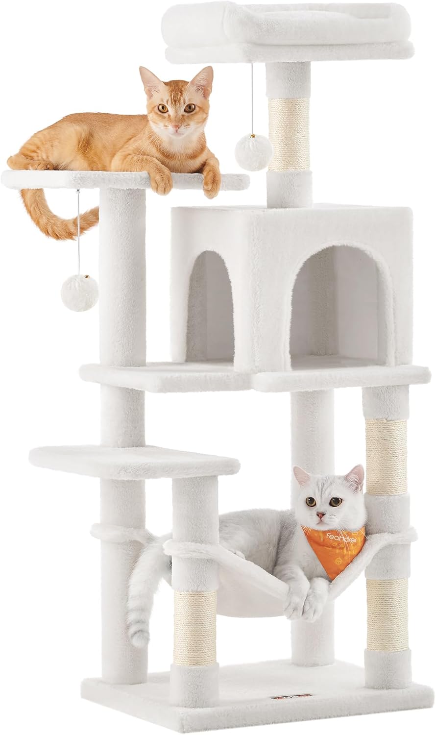 Feandrea Cat Tree, 59.5-Inch Tall Cat Tower, Plush Multi-Level Condo with 5 Scratching Posts, 2 Perches, 2 Caves, Hammock, 2 Pompoms, Light Gray UPCT192W01