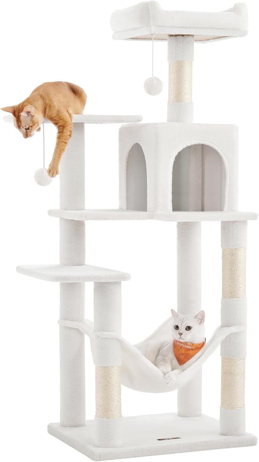 Feandrea Cat Tree, 59.5-Inch Tall Cat Tower, Plush Multi-Level Condo with 5 Scratching Posts, 2 Perches, 2 Caves, Hammock, 2 Pompoms, Light Gray UPCT192W01