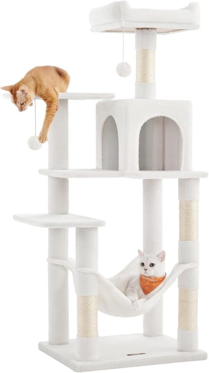 Feandrea Cat Tree, 59.5-Inch Tall Cat Tower, Plush Multi-Level Condo with 5 Scratching Posts, 2 Perches, 2 Caves, Hammock, 2 Pompoms, Light Gray UPCT192W01