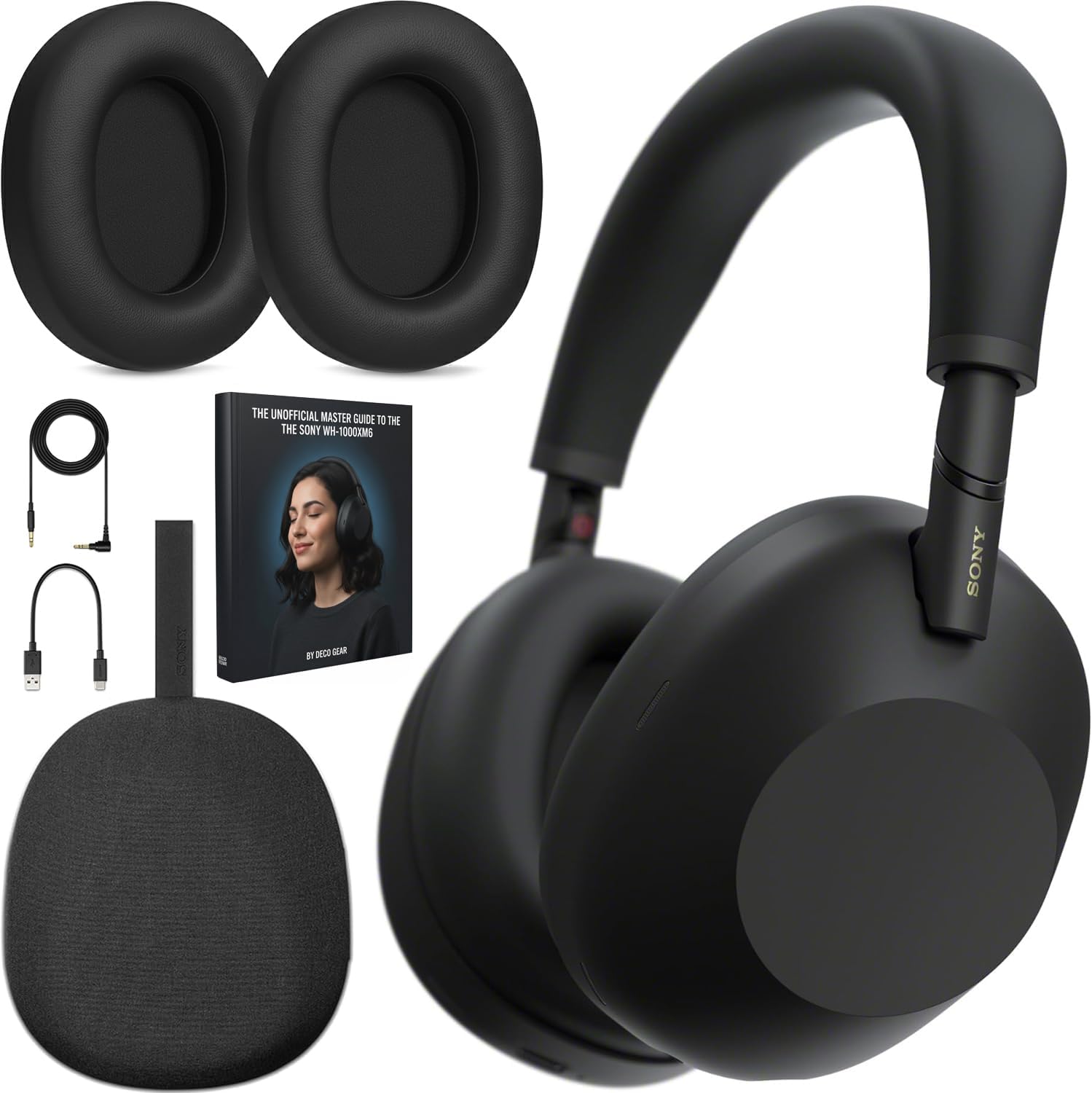 Sony WH-1000XM6 Best Wireless Noise Canceling Headphones, Black Bundle with Deco Gear Pro Audio Headphone Stand in Matte Black/Red