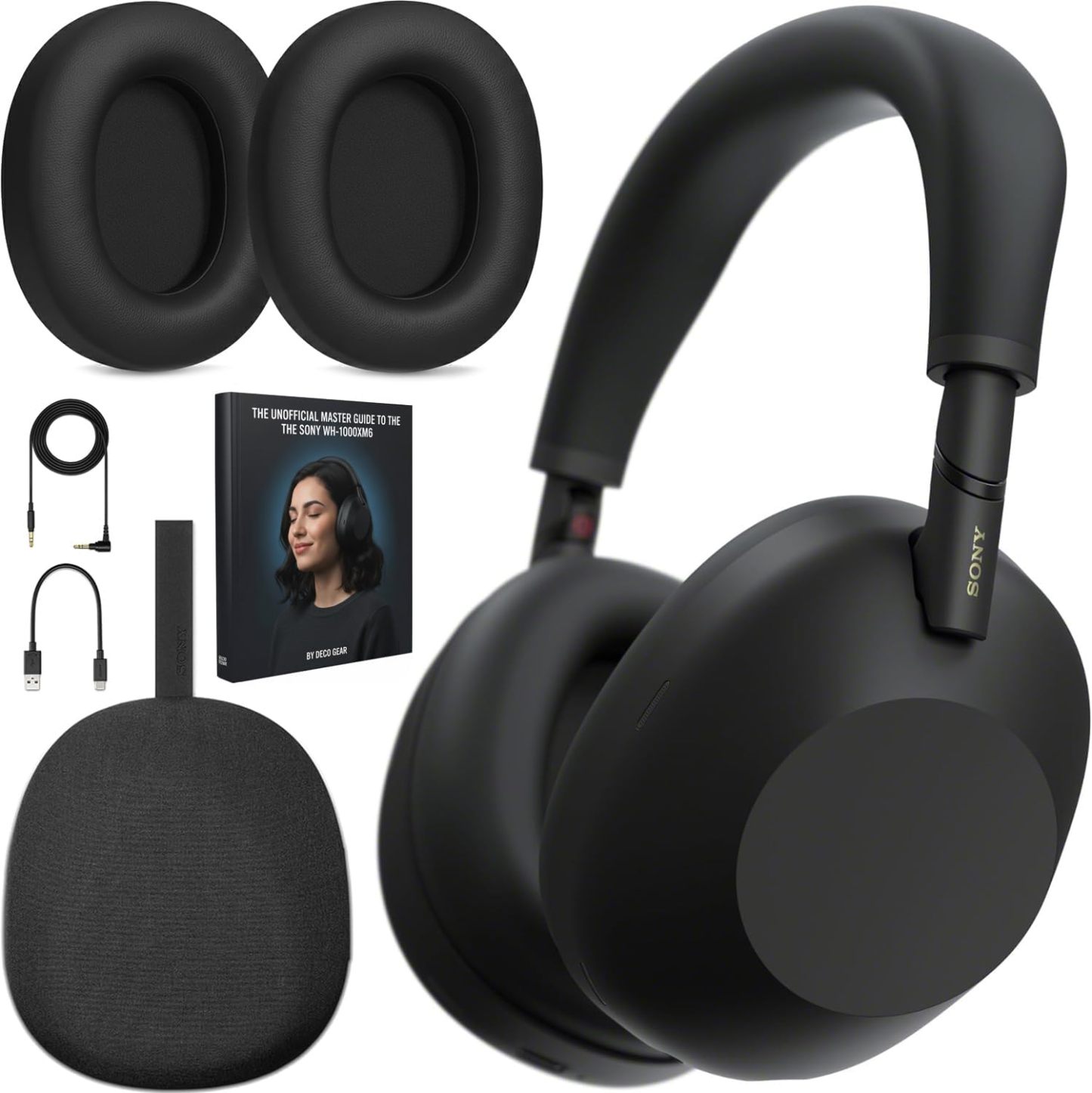 Sony WH-1000XM6 Best Wireless Noise Canceling Headphones, Black Bundle with Deco Gear Pro Audio Headphone Stand in Matte Black/Red