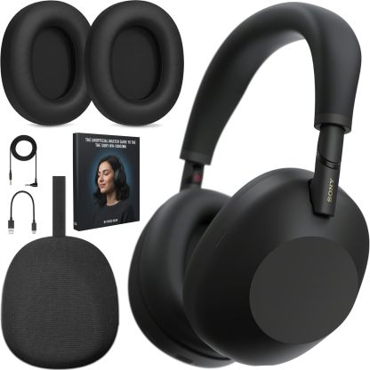 Sony WH-1000XM6 Best Wireless Noise Canceling Headphones, Black Bundle with Deco Gear Pro Audio Headphone Stand in Matte Black/Red