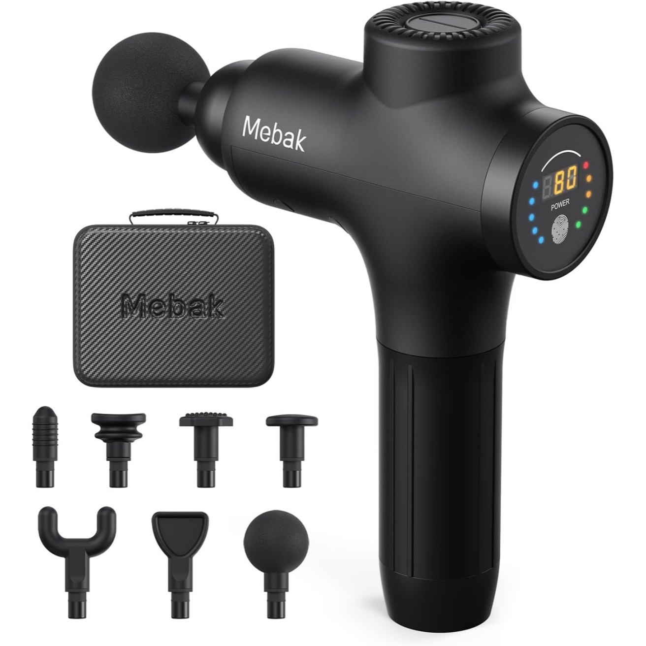 Mebak 3 Massage Gun, Massager, Massage Gun, Muscle, 3200 RPM, 12 mm, Electric Hand Massager, Fascia, Deep Tissue Portable for Neck, Back, Body with 7 Heads, 5 Levels,