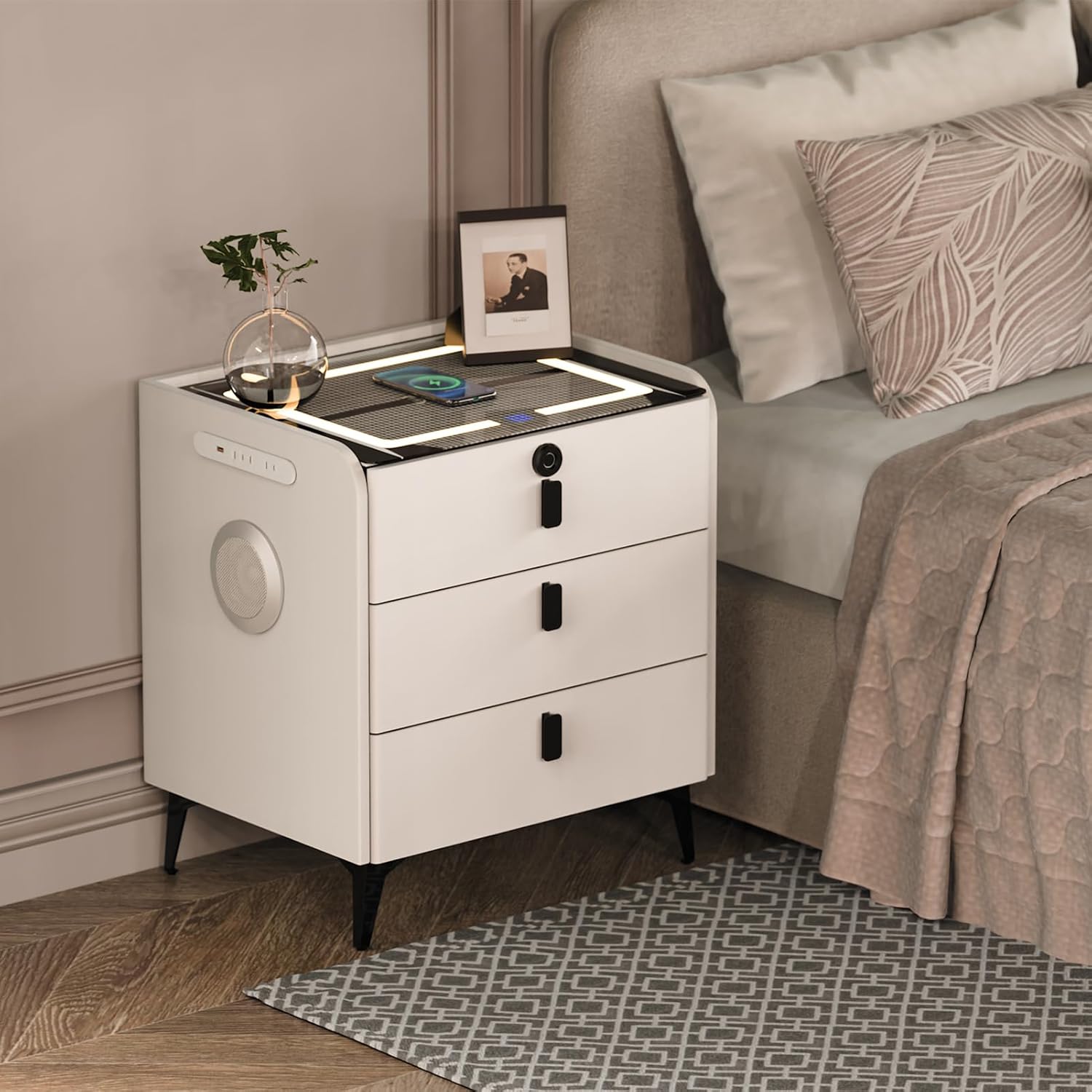 🔥Clearance Sale🔥Premium multi-functional smart bedside table with USB/wireless charging/tri-color lights/Bluetooth speaker/Fingerprint Unlocking