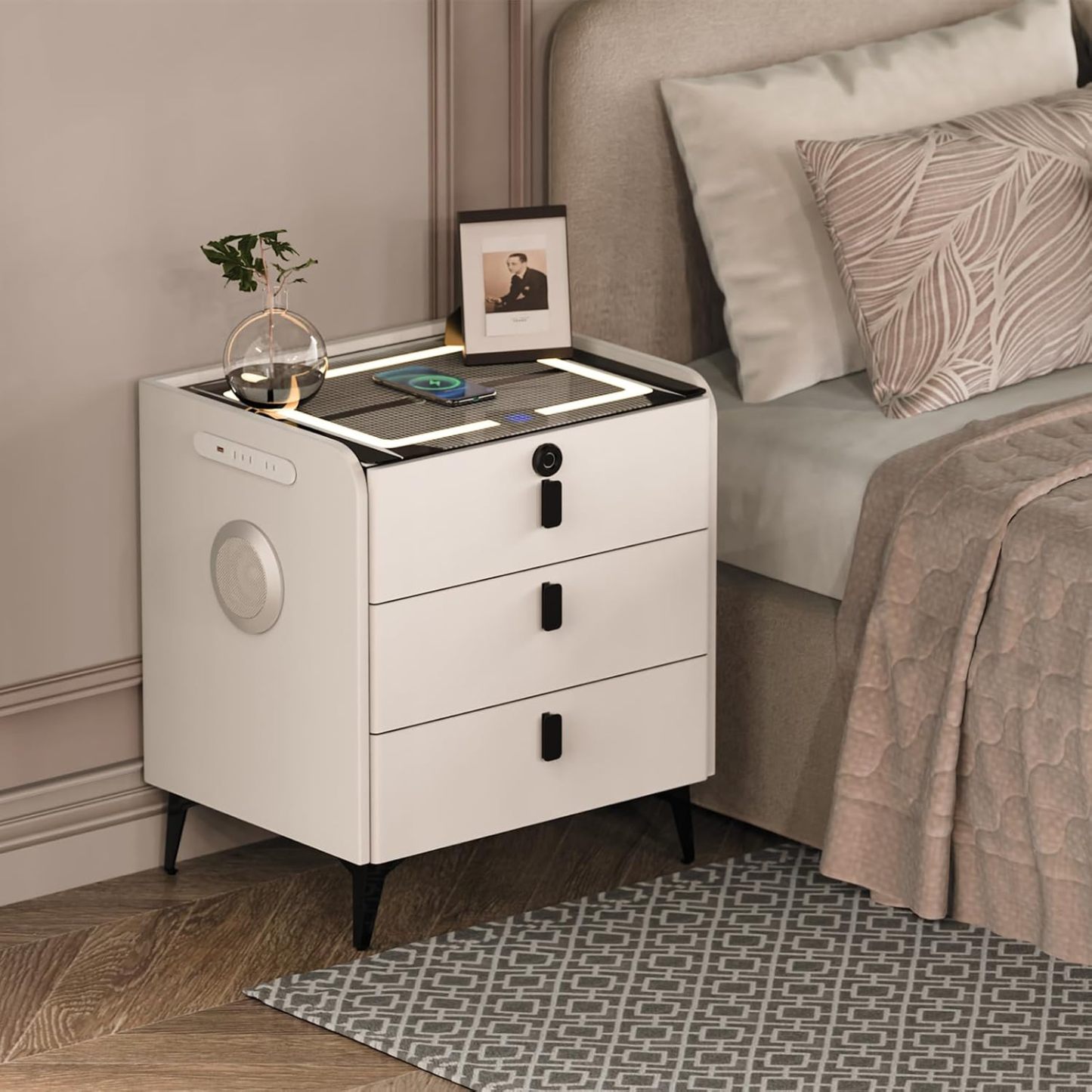 🔥Clearance Sale🔥Premium multi-functional smart bedside table with USB/wireless charging/tri-color lights/Bluetooth speaker/Fingerprint Unlocking