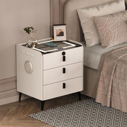🔥Clearance Sale🔥Premium multi-functional smart bedside table with USB/wireless charging/tri-color lights/Bluetooth speaker/Fingerprint Unlocking