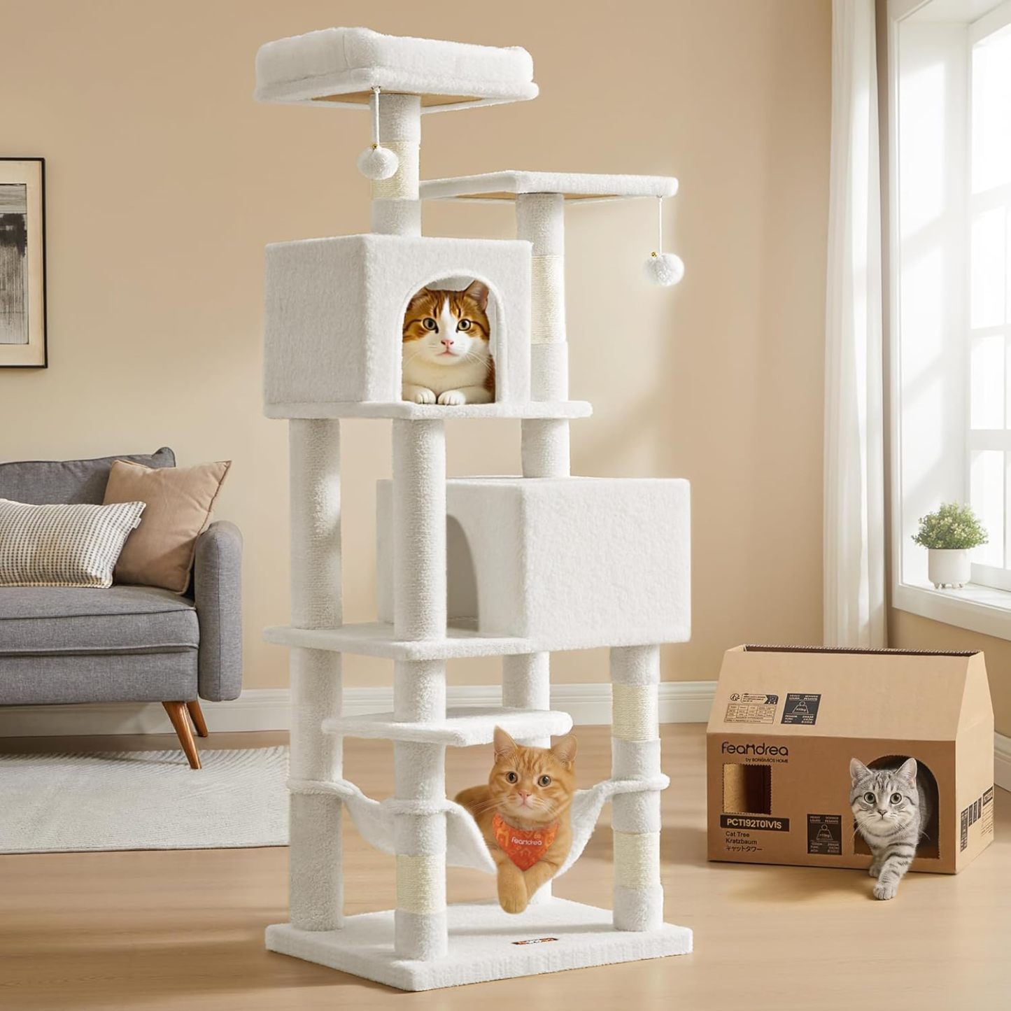 Feandrea Cat Tree, 59.5-Inch Tall Cat Tower, Plush Multi-Level Condo with 5 Scratching Posts, 2 Perches, 2 Caves, Hammock, 2 Pompoms, Light Gray UPCT192W01