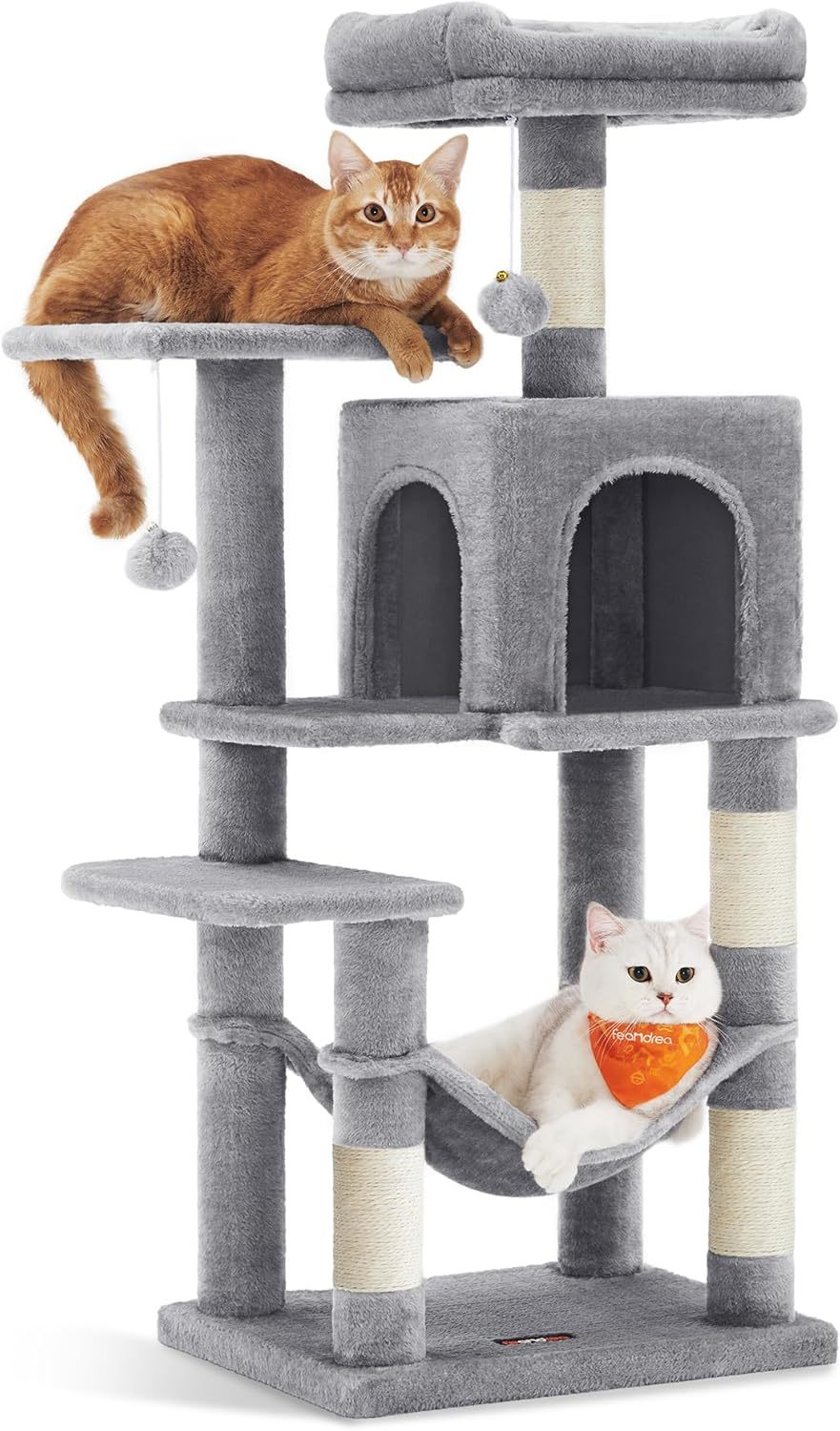 Feandrea Cat Tree, 59.5-Inch Tall Cat Tower, Plush Multi-Level Condo with 5 Scratching Posts, 2 Perches, 2 Caves, Hammock, 2 Pompoms, Light Gray UPCT192W01