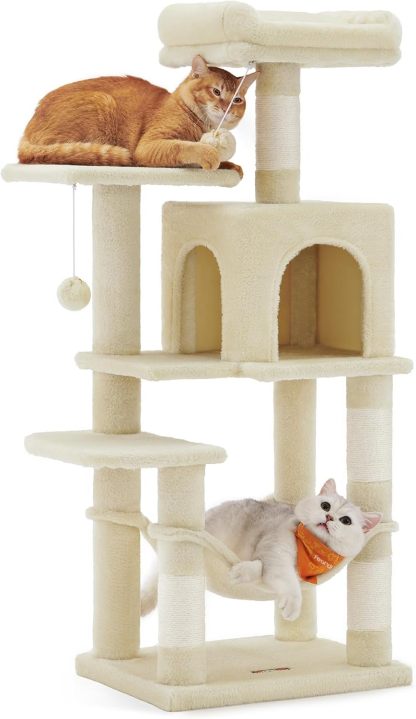 Feandrea Cat Tree, 59.5-Inch Tall Cat Tower, Plush Multi-Level Condo with 5 Scratching Posts, 2 Perches, 2 Caves, Hammock, 2 Pompoms, Light Gray UPCT192W01