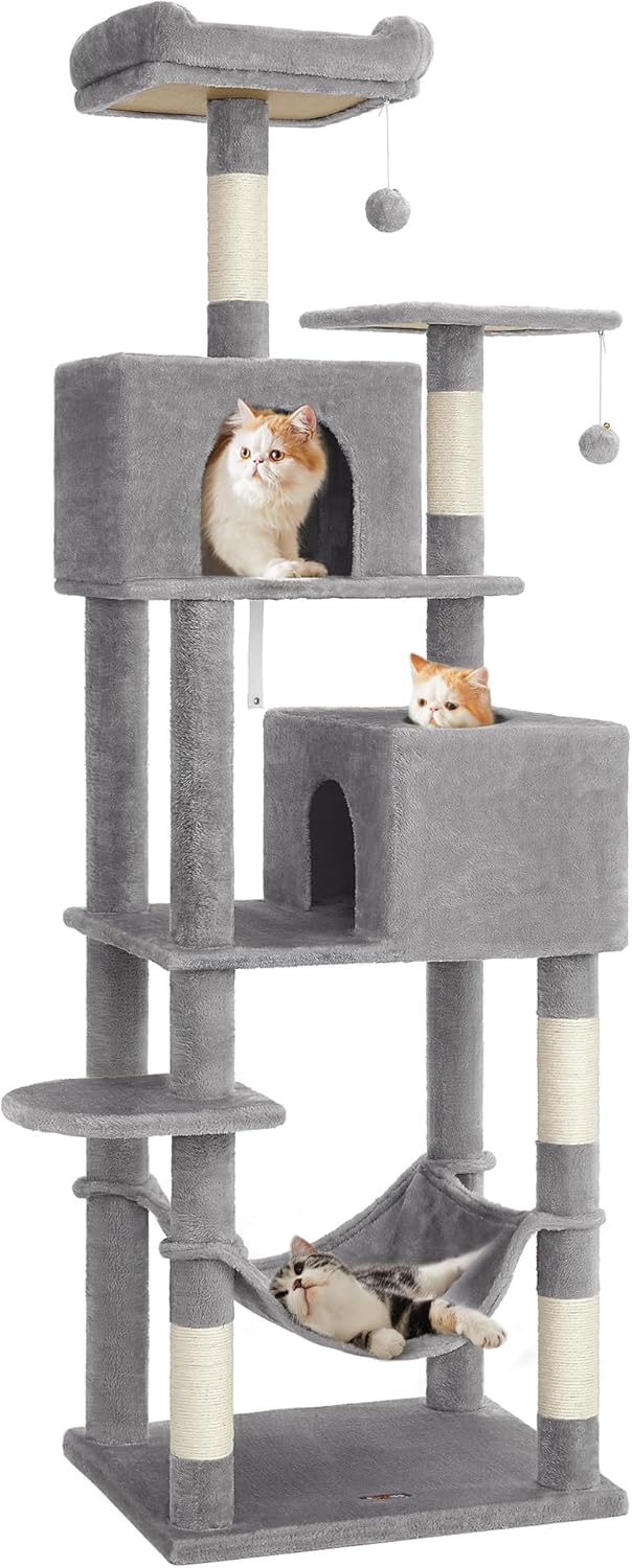 Feandrea Cat Tree, 59.5-Inch Tall Cat Tower, Plush Multi-Level Condo with 5 Scratching Posts, 2 Perches, 2 Caves, Hammock, 2 Pompoms, Light Gray UPCT192W01
