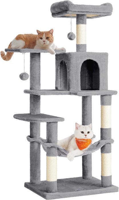 Feandrea Cat Tree, 59.5-Inch Tall Cat Tower, Plush Multi-Level Condo with 5 Scratching Posts, 2 Perches, 2 Caves, Hammock, 2 Pompoms, Light Gray UPCT192W01