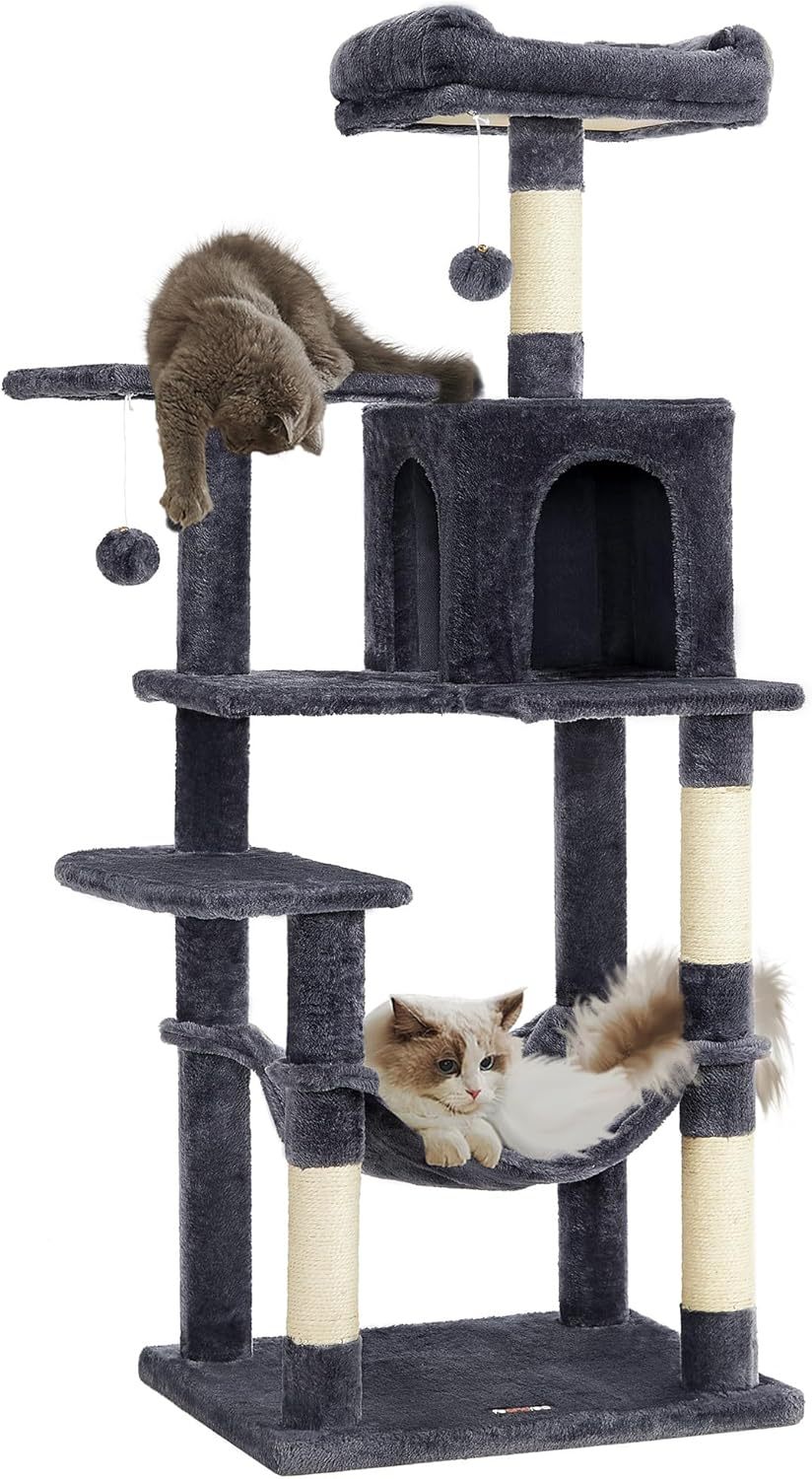 Feandrea Cat Tree, 59.5-Inch Tall Cat Tower, Plush Multi-Level Condo with 5 Scratching Posts, 2 Perches, 2 Caves, Hammock, 2 Pompoms, Light Gray UPCT192W01