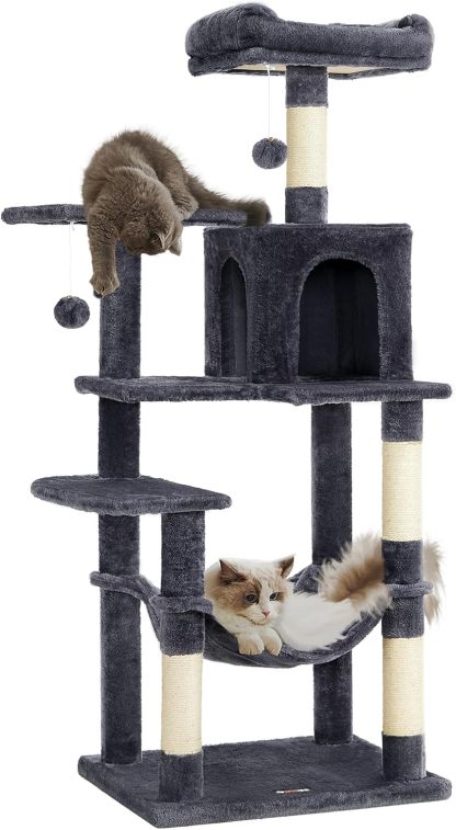 Feandrea Cat Tree, 59.5-Inch Tall Cat Tower, Plush Multi-Level Condo with 5 Scratching Posts, 2 Perches, 2 Caves, Hammock, 2 Pompoms, Light Gray UPCT192W01