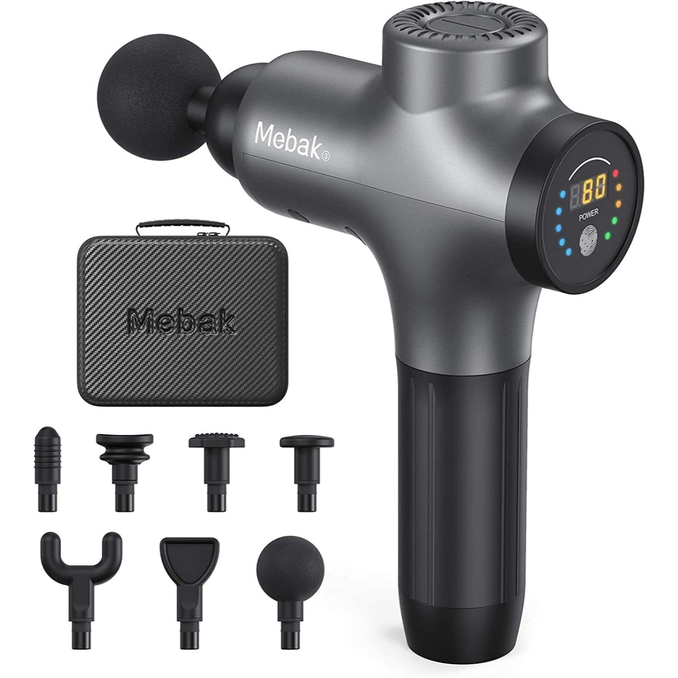 Mebak 3 Massage Gun, Massager, Massage Gun, Muscle, 3200 RPM, 12 mm, Electric Hand Massager, Fascia, Deep Tissue Portable for Neck, Back, Body with 7 Heads, 5 Levels,