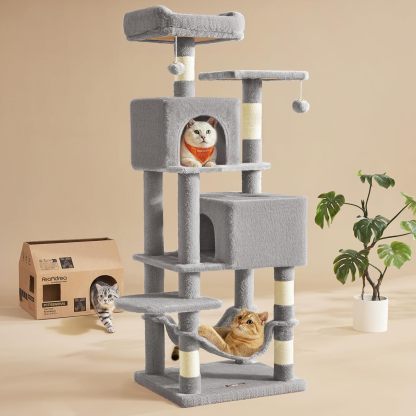 Feandrea Cat Tree, 59.5-Inch Tall Cat Tower, Plush Multi-Level Condo with 5 Scratching Posts, 2 Perches, 2 Caves, Hammock, 2 Pompoms, Light Gray UPCT192W01