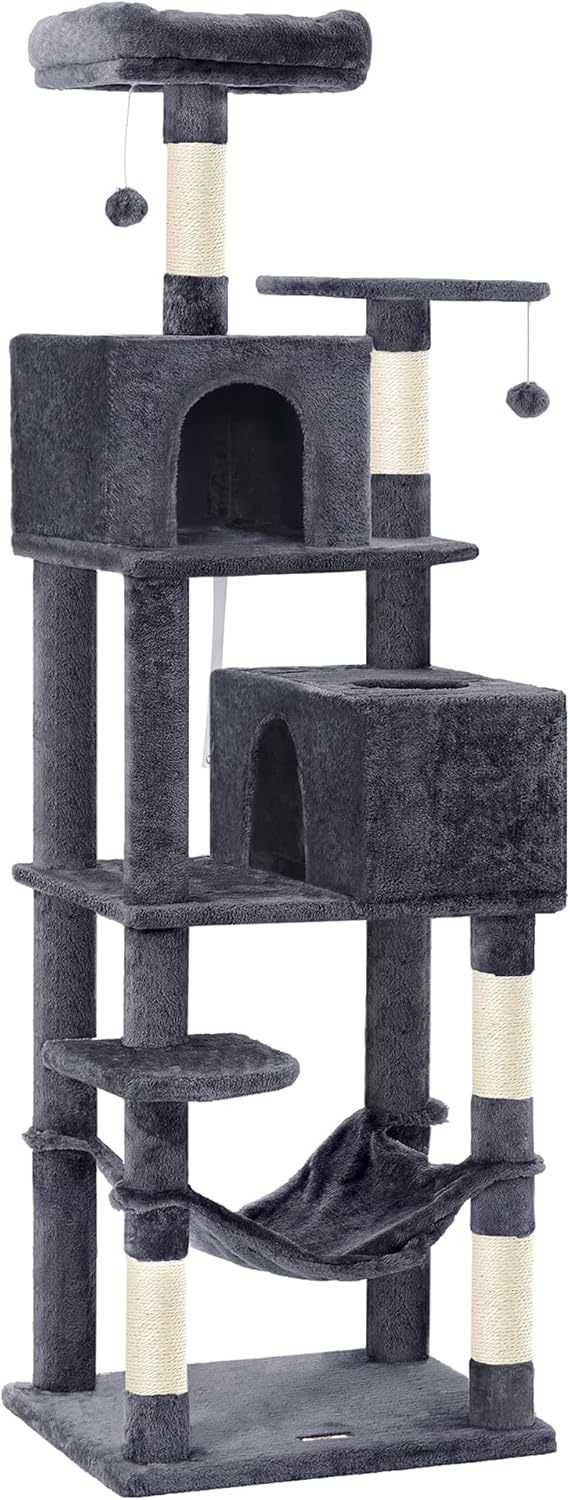 Feandrea Cat Tree, 59.5-Inch Tall Cat Tower, Plush Multi-Level Condo with 5 Scratching Posts, 2 Perches, 2 Caves, Hammock, 2 Pompoms, Light Gray UPCT192W01