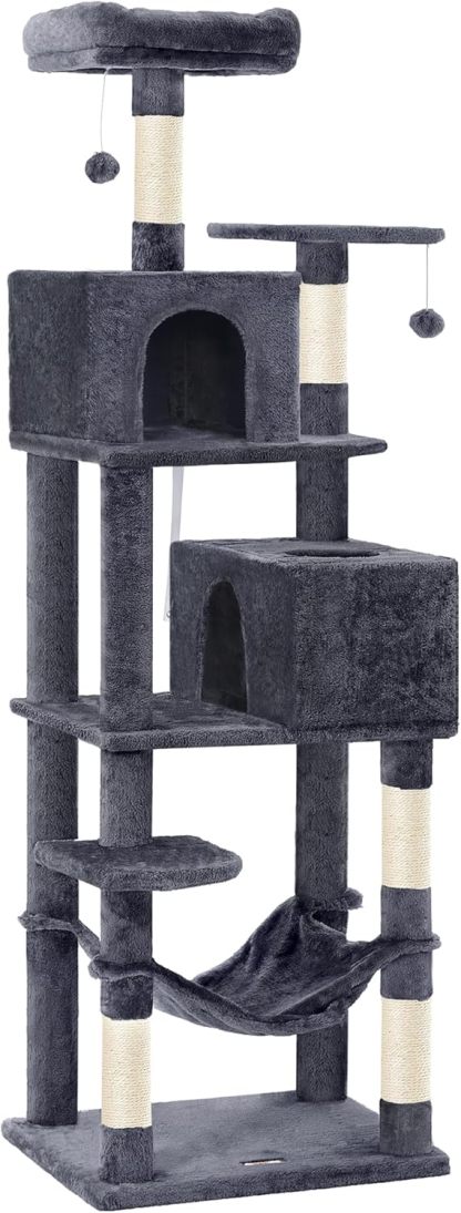 Feandrea Cat Tree, 59.5-Inch Tall Cat Tower, Plush Multi-Level Condo with 5 Scratching Posts, 2 Perches, 2 Caves, Hammock, 2 Pompoms, Light Gray UPCT192W01