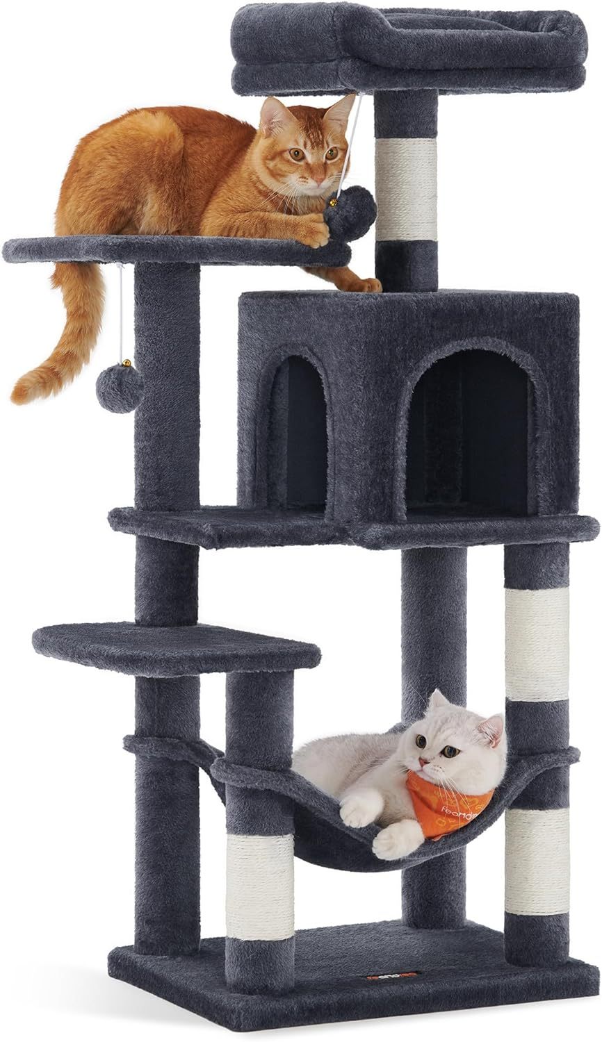 Feandrea Cat Tree, 59.5-Inch Tall Cat Tower, Plush Multi-Level Condo with 5 Scratching Posts, 2 Perches, 2 Caves, Hammock, 2 Pompoms, Light Gray UPCT192W01
